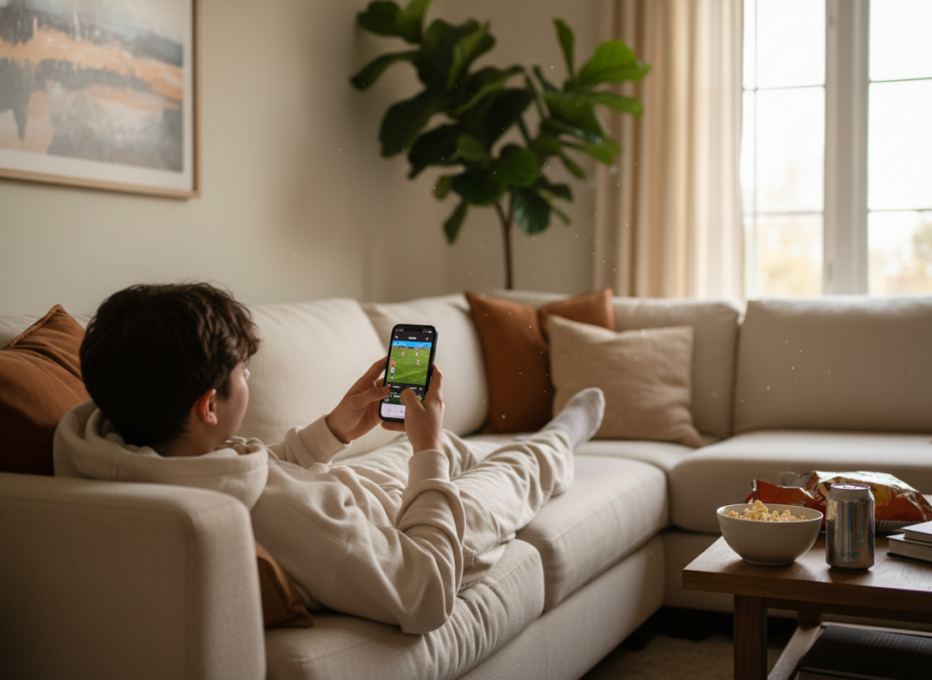 A cozy living room setting highlighting a person using their smartphone for streaming on a couch. The foreground features a casually dressed individual, focused on the phone screen, displaying a sports streaming app interface. In the middle, a coffee table holds snacks and drinks, reflecting a relaxed viewing atmosphere. The background showcases a softly lit room with a large window, allowing warm sunlight to filter in, creating an inviting ambiance. There are subtle decorative touches, such as plants and wall art, enhancing the cozy feel. The mood is relaxed and engaging, perfect for enjoying streaming content on a mobile device, with warm, natural lighting emphasizing the connection and enjoyment of the experience. A cozy living room setting highlighting a person using their smartphone for streaming on a couch. The foreground features a casually dressed individual, focused on the phone screen, displaying a sports streaming app interface. In the middle, a coffee table holds snacks and drinks, reflecting a relaxed viewing atmosphere. The background showcases a softly lit room with a large window, allowing warm sunlight to filter in, creating an inviting ambiance. There are subtle decorative touches, such as plants and wall art, enhancing the cozy feel. The mood is relaxed and engaging, perfect for enjoying streaming content on a mobile device, with warm, natural lighting emphasizing the connection and enjoyment of the experience.