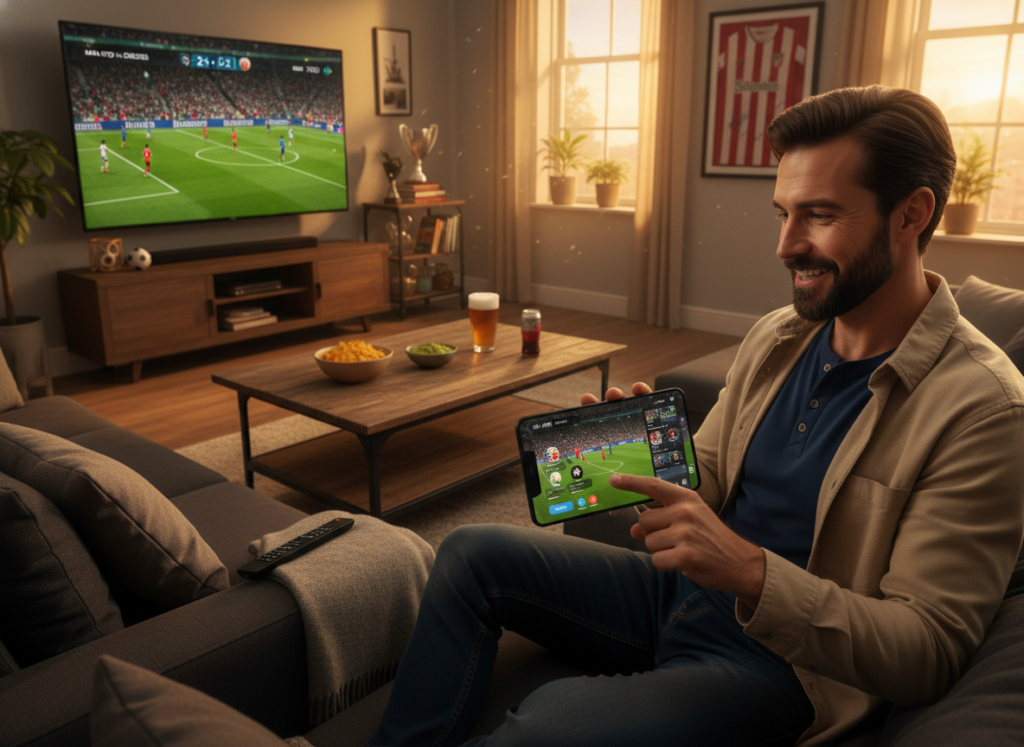 A cozy living room setting, with a comfortable couch facing a large flat-screen TV displaying a vibrant soccer match. In the foreground, a person, dressed in smart casual attire, is intently navigating a smartphone app with live streaming icons and soccer graphics, showcasing user-friendly features. The middle ground features decorative elements like soccer memorabilia and a coffee table with snacks and drinks. The background highlights a window with soft, natural light pouring in, enhancing the warm atmosphere. The scene conveys excitement and engagement, with a focus on the action of watching soccer online, captured from a slightly elevated angle to emphasize the app's interaction and the joyful ambiance of the room. A cozy living room setting, with a comfortable couch facing a large flat-screen TV displaying a vibrant soccer match. In the foreground, a person, dressed in smart casual attire, is intently navigating a smartphone app with live streaming icons and soccer graphics, showcasing user-friendly features. The middle ground features decorative elements like soccer memorabilia and a coffee table with snacks and drinks. The background highlights a window with soft, natural light pouring in, enhancing the warm atmosphere. The scene conveys excitement and engagement, with a focus on the action of watching soccer online, captured from a slightly elevated angle to emphasize the app's interaction and the joyful ambiance of the room.