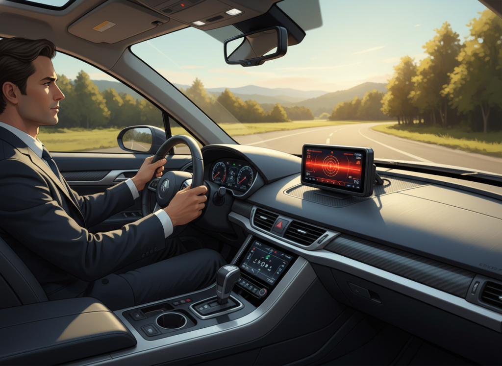 A detailed illustration depicting a radar alert device mounted on the dashboard of a car, capturing its vibrant screen displaying radar alerts vividly. In the foreground, focus on the sleek, modern dashboard with a high-tech look, glistening in the soft glow of natural sunlight. In the middle ground, a concentrated driver, dressed in professional business attire, is intently looking at the road ahead, hands calmly on the steering wheel. In the background, a scenic driving environment with lush greenery and a clear blue sky, suggesting a safe driving atmosphere. The lighting is bright and cheerful, evoking a sense of readiness and safety. The angle is slightly tilted from above, providing a dynamic view that emphasizes the radar alert device while maintaining focus on the driving experience.
