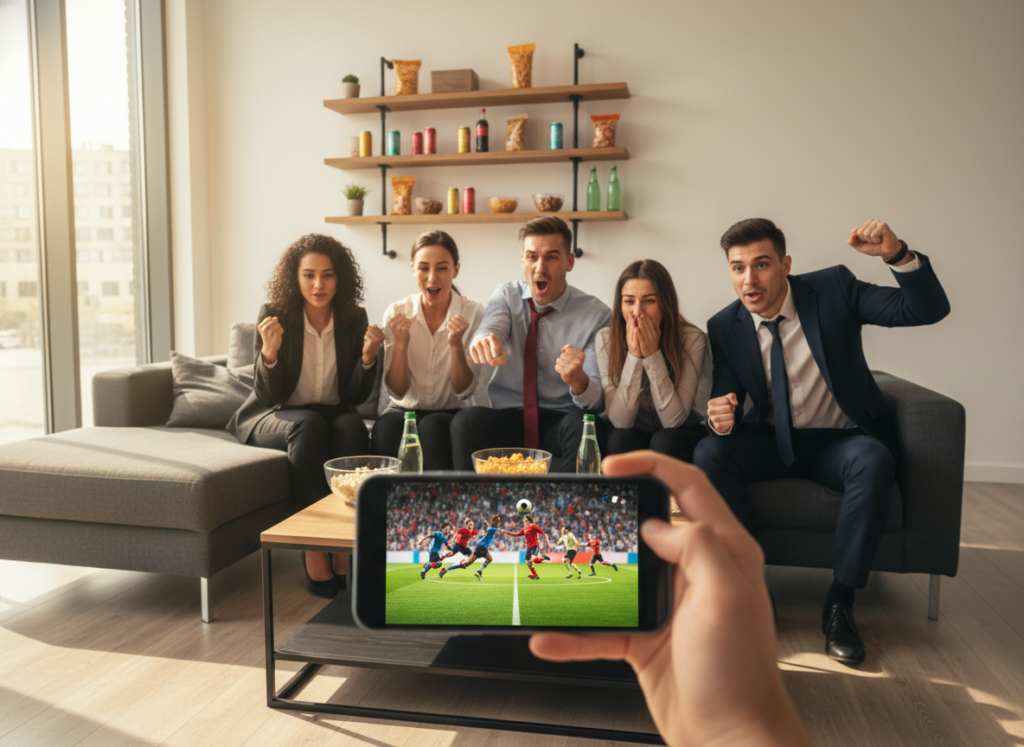 A dynamic mobile device displaying a live sports broadcast in a cozy, modern living room setting. In the foreground, the smartphone prominently showcases a high-definition soccer match, with vibrant colors capturing the energy of the game. The middle ground features a group of diverse friends in professional attire, eagerly watching and celebrating, their expressions filled with excitement and anticipation. The background includes a stylish shelf with snacks and beverages, promoting a relaxed atmosphere. Natural daylight pours in through a large window, illuminating the scene and creating a warm, inviting mood. The composition is carefully framed at eye level, emphasizing the connection between friends and the action on the screen, ensuring an engaging and lively depiction of uninterrupted streaming enjoyment. A dynamic mobile device displaying a live sports broadcast in a cozy, modern living room setting. In the foreground, the smartphone prominently showcases a high-definition soccer match, with vibrant colors capturing the energy of the game. The middle ground features a group of diverse friends in professional attire, eagerly watching and celebrating, their expressions filled with excitement and anticipation. The background includes a stylish shelf with snacks and beverages, promoting a relaxed atmosphere. Natural daylight pours in through a large window, illuminating the scene and creating a warm, inviting mood. The composition is carefully framed at eye level, emphasizing the connection between friends and the action on the screen, ensuring an engaging and lively depiction of uninterrupted streaming enjoyment.