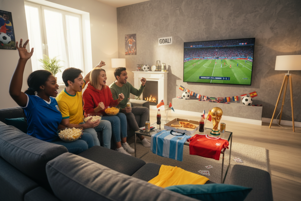 A dynamic scene depicting a modern living room during a World Cup live broadcast. In the foreground, a diverse group of four friends of different ethnic backgrounds, dressed in casual clothing, sit excitedly on a comfortable sofa with snacks and drinks, their eyes glued to a large flat-screen TV displaying a vibrant World Cup match. The middle ground features a stylish coffee table cluttered with team jerseys, flags, and game paraphernalia. The background showcases a cozy home setting adorned with football-themed decorations, such as banners and posters. Soft, ambient lighting creates an inviting atmosphere, while natural light streams in through a window, adding warmth to the scene. The overall mood is one of enthusiasm and camaraderie, perfectly capturing the essence of the World Cup viewing experience. A dynamic scene depicting a modern living room during a World Cup live broadcast. In the foreground, a diverse group of four friends of different ethnic backgrounds, dressed in casual clothing, sit excitedly on a comfortable sofa with snacks and drinks, their eyes glued to a large flat-screen TV displaying a vibrant World Cup match. The middle ground features a stylish coffee table cluttered with team jerseys, flags, and game paraphernalia. The background showcases a cozy home setting adorned with football-themed decorations, such as banners and posters. Soft, ambient lighting creates an inviting atmosphere, while natural light streams in through a window, adding warmth to the scene. The overall mood is one of enthusiasm and camaraderie, perfectly capturing the essence of the World Cup viewing experience.