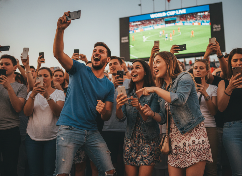 A dynamic scene featuring a diverse group of people watching a live soccer match on their Android and iPhone devices. In the foreground, a young man in a casual t-shirt and jeans is excitedly cheering, holding his smartphone up to capture the moment. Next to him, a woman in a stylish yet casual outfit intently watches her phone, animatedly discussing the game with her friend. The middle ground shows various onlookers, all engaged with their devices, creating a sense of community and excitement. In the background, a large screen displays soccer highlights, adding to the lively atmosphere. Soft, warm lighting envelops the scene, creating a welcoming feel, while the focus is sharp on the central figures, conveying an immersive experience of watching the World Cup. A dynamic scene featuring a diverse group of people watching a live soccer match on their Android and iPhone devices. In the foreground, a young man in a casual t-shirt and jeans is excitedly cheering, holding his smartphone up to capture the moment. Next to him, a woman in a stylish yet casual outfit intently watches her phone, animatedly discussing the game with her friend. The middle ground shows various onlookers, all engaged with their devices, creating a sense of community and excitement. In the background, a large screen displays soccer highlights, adding to the lively atmosphere. Soft, warm lighting envelops the scene, creating a welcoming feel, while the focus is sharp on the central figures, conveying an immersive experience of watching the World Cup.