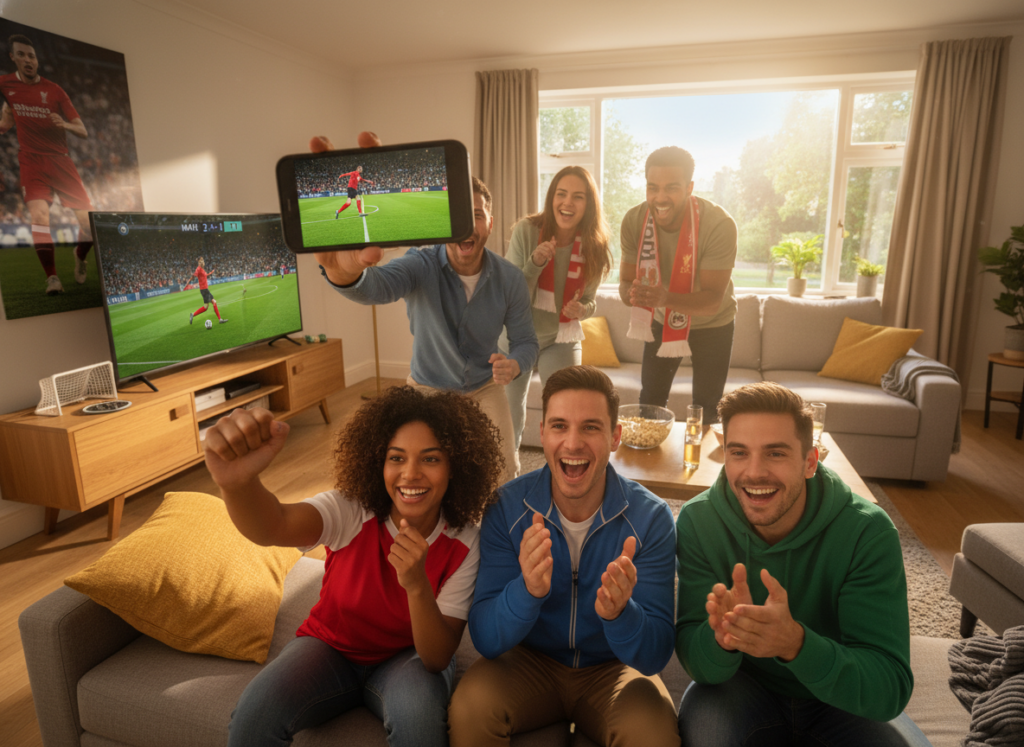 A dynamic scene showcasing a group of diverse young adults excitedly using their mobile phones to watch live football. In the foreground, one person holds a smartphone displaying a vibrant football match on the screen, while others cheer enthusiastically, dressed in casual sports attire. The middle layer shows a cozy living room atmosphere with a large TV tuned to a football game, surrounded by lively decorations like football memorabilia. In the background, through a window, a bright sunny day adds an energetic vibe. Soft, natural lighting enhances the warmth of the scene, creating an inviting and thrilling ambiance. The angle captures the energy of the moment, emphasizing the connection between friends enjoying the game together. A dynamic scene showcasing a group of diverse young adults excitedly using their mobile phones to watch live football. In the foreground, one person holds a smartphone displaying a vibrant football match on the screen, while others cheer enthusiastically, dressed in casual sports attire. The middle layer shows a cozy living room atmosphere with a large TV tuned to a football game, surrounded by lively decorations like football memorabilia. In the background, through a window, a bright sunny day adds an energetic vibe. Soft, natural lighting enhances the warmth of the scene, creating an inviting and thrilling ambiance. The angle captures the energy of the moment, emphasizing the connection between friends enjoying the game together.