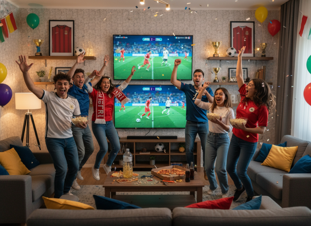 A lively scene depicting a vibrant gathering of diverse fans watching a World Cup live broadcast on various screens, reflecting the excitement of sports. In the foreground, a diverse group of people dressed in casual but neat clothing, with enthusiastic expressions, are cheering and holding snacks. In the middle ground, multiple screens display the World Cup match with action-packed scenes. The background showcases a cozy, well-lit living room with decorations emphasizing team colors and soccer memorabilia. Soft ambient lighting creates a warm atmosphere, while a wide-angle lens captures the sense of community and excitement. The mood is energetic and celebratory, inviting viewers to join in the fun of watching sports together.