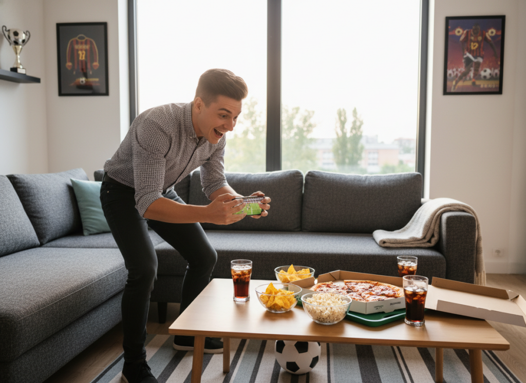 A modern, cozy living room setting with a comfortable couch as the foreground, where a young adult, dressed in smart casual attire, is intently watching a soccer match on a smartphone. The individual is animated with excitement, reflecting the thrill of the game. In the middle ground, a coffee table filled with snacks and drinks enhances the casual viewing experience. The background features a large window with soft, natural light streaming in, creating a warm atmosphere. Decorative elements like team posters and a soccer ball subtly emphasize the theme without overpowering the scene. Capture this moment from a slightly high angle to provide an inviting perspective, ensuring the lighting is bright and inviting to convey enthusiasm and comfort.