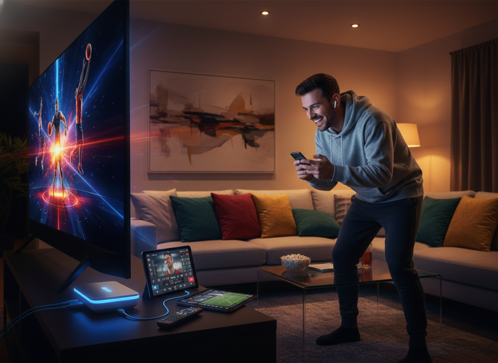 A modern living room setting designed for an optimal streaming experience. In the foreground, a sleek, smart TV displays vibrant sports highlights. A comfortable couch is adorned with colorful cushions. To the left, a high-tech device (like a streaming box) connects to an array of gadgets—smartphone, tablet, and remote control, all showcasing sports-related images. In the middle, a user, casually dressed in comfortable attire, is immersed in watching a game on their smartphone, showing intense focus and excitement. The background features dimmed lighting that creates a cozy atmosphere, with soft, warm hues highlighting the scene. The overall mood is lively and engaging, capturing the essence of an enhanced streaming experience during a major sporting event. A modern living room setting designed for an optimal streaming experience. In the foreground, a sleek, smart TV displays vibrant sports highlights. A comfortable couch is adorned with colorful cushions. To the left, a high-tech device (like a streaming box) connects to an array of gadgets—smartphone, tablet, and remote control, all showcasing sports-related images. In the middle, a user, casually dressed in comfortable attire, is immersed in watching a game on their smartphone, showing intense focus and excitement. The background features dimmed lighting that creates a cozy atmosphere, with soft, warm hues highlighting the scene. The overall mood is lively and engaging, capturing the essence of an enhanced streaming experience during a major sporting event.