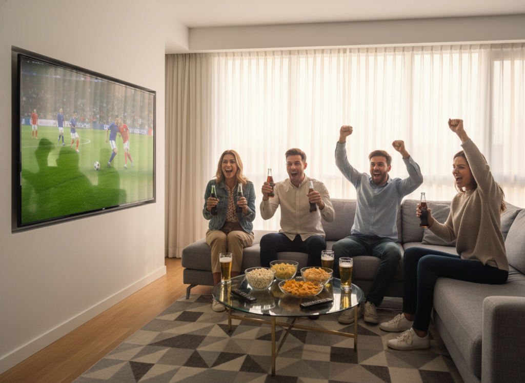 A modern living room setup during a football match, showcasing a large flat-screen TV displaying a football game, with dynamic visuals and vibrant colors. In the foreground, a diverse group of friends, dressed in smart casual attire, are sitting on a comfortable sofa, excitedly cheering and holding refreshments. The middle ground features an elegant coffee table adorned with snacks and drinks, reflecting a lively atmosphere. In the background, a bright window allows natural light to stream in, enhancing the warm, inviting mood of the room. The focus is sharp on the friends' expressions and the TV screen, while the overall ambiance suggests a blend of excitement and relaxation, perfect for enjoying paid viewing options for the World Cup games. A modern living room setup during a football match, showcasing a large flat-screen TV displaying a football game, with dynamic visuals and vibrant colors. In the foreground, a diverse group of friends, dressed in smart casual attire, are sitting on a comfortable sofa, excitedly cheering and holding refreshments. The middle ground features an elegant coffee table adorned with snacks and drinks, reflecting a lively atmosphere. In the background, a bright window allows natural light to stream in, enhancing the warm, inviting mood of the room. The focus is sharp on the friends' expressions and the TV screen, while the overall ambiance suggests a blend of excitement and relaxation, perfect for enjoying paid viewing options for the World Cup games.