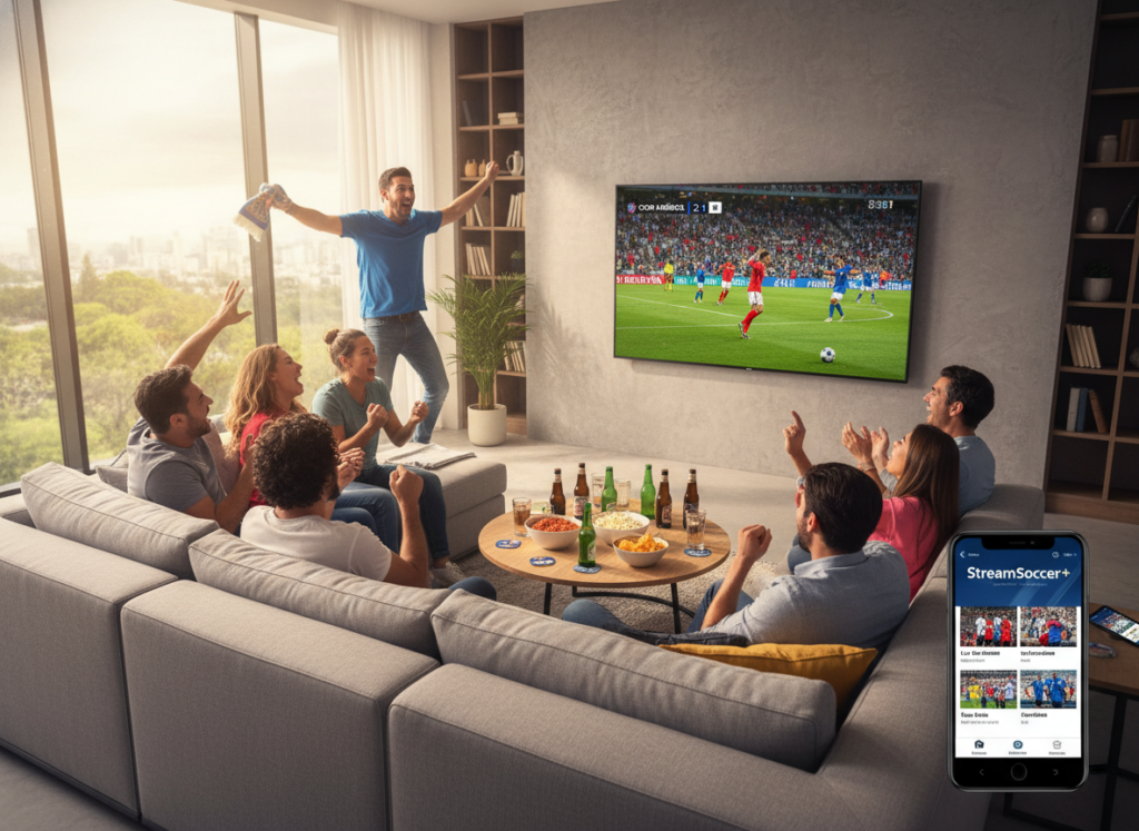 A modern living room with a large flat-screen TV displaying a colorful soccer match from the Copa, featuring passionate fans in the foreground. The scene includes a group of diverse individuals, dressed in comfortable casual clothing, excitedly watching the game with snacks and drinks on a coffee table. Natural sunlight filters through large windows, creating a warm and inviting atmosphere. In the background, a digital device, like a smartphone, shows an app for streaming the matches, symbolizing tech-savvy tips for viewing events. Soft focus on the background adds depth while keeping the viewers’ attention on the friends enjoying the game. The overall mood is joyful and spirited, capturing the essence of a community gathering for sports.