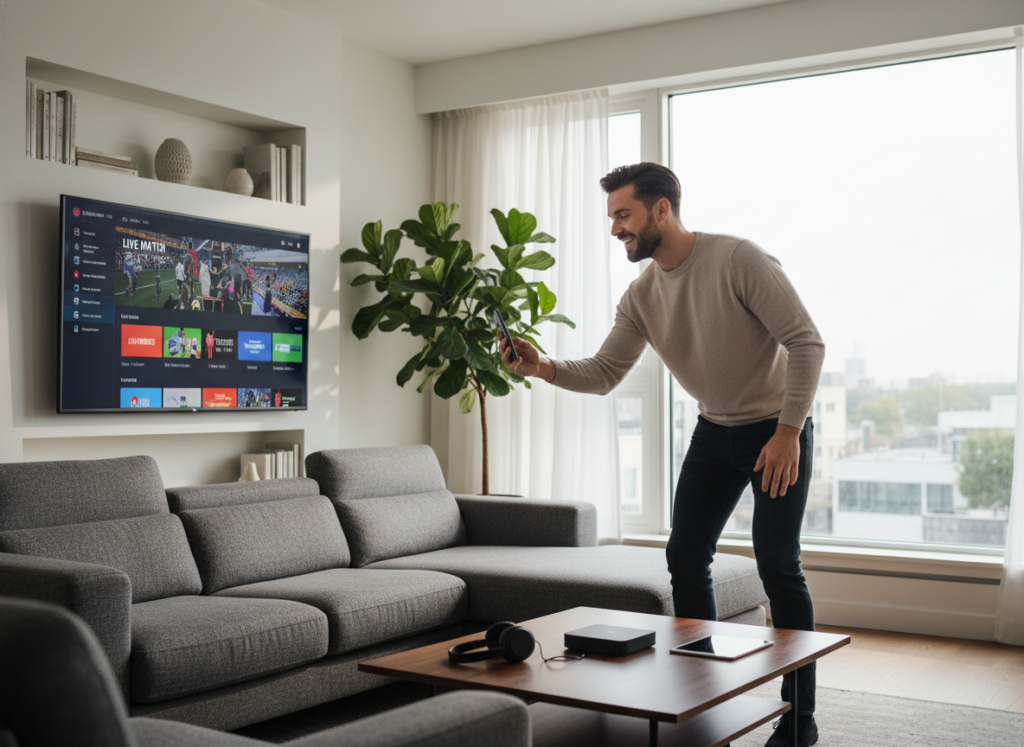 A modern living room with a sleek, stylish sofa and a large smart TV displaying a vibrant sports streaming interface. In the foreground, a young man in a comfortable yet professional outfit sits on the couch, holding a smartphone and watching the game, with a look of excitement on his face. On a coffee table nearby, several tech gadgets like a streaming device, headphones, and a tablet are neatly arranged. The middle of the image shows a window with natural light streaming in, enhancing the warm atmosphere of the room. The background features decorative elements like houseplants and shelves with books, creating a cozy yet high-tech ambiance. The overall mood is one of enjoyment and seamless technology use for an optimal streaming experience. A modern living room with a sleek, stylish sofa and a large smart TV displaying a vibrant sports streaming interface. In the foreground, a young man in a comfortable yet professional outfit sits on the couch, holding a smartphone and watching the game, with a look of excitement on his face. On a coffee table nearby, several tech gadgets like a streaming device, headphones, and a tablet are neatly arranged. The middle of the image shows a window with natural light streaming in, enhancing the warm atmosphere of the room. The background features decorative elements like houseplants and shelves with books, creating a cozy yet high-tech ambiance. The overall mood is one of enjoyment and seamless technology use for an optimal streaming experience.