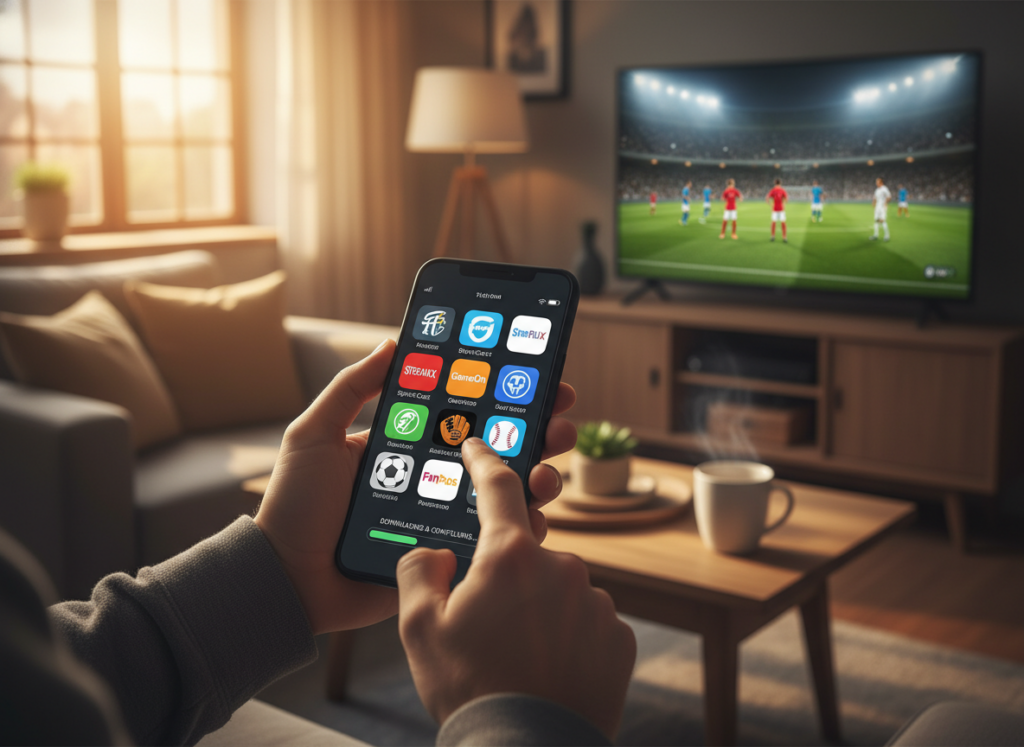 A modern smartphone displayed prominently in the foreground, showcasing a diverse array of app icons related to streaming services and sports. The middle ground features a user-friendly digital interface, with hands of a person in casual attire navigating through the apps. In the background, a cozy living room setting with a subtle hint of a television displaying a soccer match, infused with warm ambient lighting to create an inviting atmosphere. The overall composition conveys a sense of excitement and convenience, emphasizing the ease of downloading and configuring apps. The scene is well-lit with soft, natural light coming from a window, suggesting a friendly and accessible environment for viewers worldwide. A modern smartphone displayed prominently in the foreground, showcasing a diverse array of app icons related to streaming services and sports. The middle ground features a user-friendly digital interface, with hands of a person in casual attire navigating through the apps. In the background, a cozy living room setting with a subtle hint of a television displaying a soccer match, infused with warm ambient lighting to create an inviting atmosphere. The overall composition conveys a sense of excitement and convenience, emphasizing the ease of downloading and configuring apps. The scene is well-lit with soft, natural light coming from a window, suggesting a friendly and accessible environment for viewers worldwide.