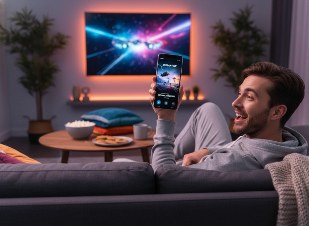 A modern smartphone displaying a vibrant streaming interface on its screen, set against a sleek, blurred background of a cozy living room. In the foreground, a person in casual clothing is comfortably seated, focused on the phone, with an expression of excitement. Soft ambient lighting illuminates the scene, creating a warm and inviting atmosphere. The middle ground features plush cushions and a small table with snacks, enhancing the enjoyment of streaming. The background is subtly lit to evoke a relaxed vibe, with elements like a wall-mounted TV and decorative plants. The overall mood is one of convenience and leisure, ideal for the ultimate streaming experience on mobile devices. A modern smartphone displaying a vibrant streaming interface on its screen, set against a sleek, blurred background of a cozy living room. In the foreground, a person in casual clothing is comfortably seated, focused on the phone, with an expression of excitement. Soft ambient lighting illuminates the scene, creating a warm and inviting atmosphere. The middle ground features plush cushions and a small table with snacks, enhancing the enjoyment of streaming. The background is subtly lit to evoke a relaxed vibe, with elements like a wall-mounted TV and decorative plants. The overall mood is one of convenience and leisure, ideal for the ultimate streaming experience on mobile devices.