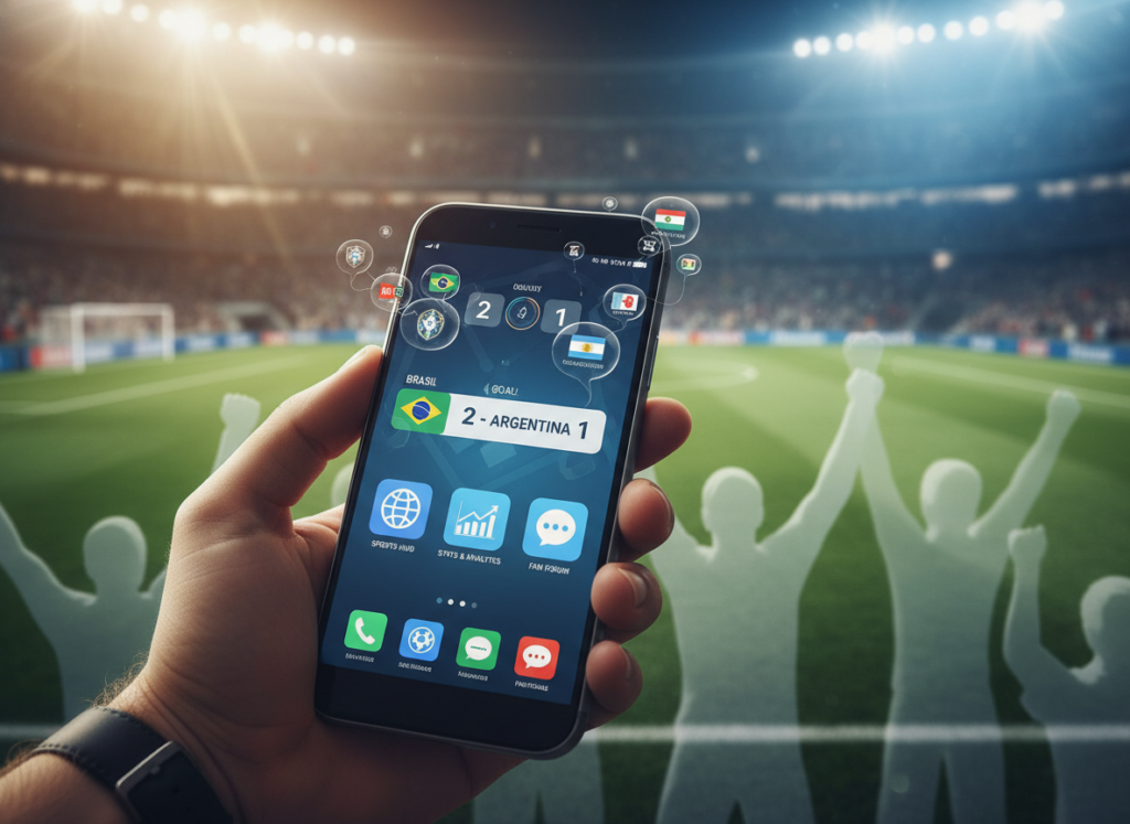 A modern smartphone displaying vibrant application icons related to sports news, statistics, and interactive features, set against a sleek, technological background. In the foreground, a hand holding the phone shows a live match score, while notifications of updates bubble visually from the screen. The middle ground features subtle silhouettes of cheering fans in a stadium atmosphere, enhancing interactivity. The background is a blurred representation of a football field with vivid green grass and goals, creating a sense of excitement. The scene is illuminated by bright, dynamic lighting that evokes a lively game atmosphere, with a shallow depth of field focusing on the phone in the hand. The overall mood is energetic and engaging, showcasing connectivity and enthusiasm for football during the World Cup. A modern smartphone displaying vibrant application icons related to sports news, statistics, and interactive features, set against a sleek, technological background. In the foreground, a hand holding the phone shows a live match score, while notifications of updates bubble visually from the screen. The middle ground features subtle silhouettes of cheering fans in a stadium atmosphere, enhancing interactivity. The background is a blurred representation of a football field with vivid green grass and goals, creating a sense of excitement. The scene is illuminated by bright, dynamic lighting that evokes a lively game atmosphere, with a shallow depth of field focusing on the phone in the hand. The overall mood is energetic and engaging, showcasing connectivity and enthusiasm for football during the World Cup.