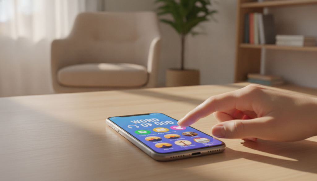 A modern smartphone on a wooden table, showcasing a bright, user-friendly application interface that displays the phrase "Word of God" surrounded by colorful icons representing audio features and devotional images. The background features a softly blurred cozy living room environment, creating a warm and inviting atmosphere. Soft natural light filters in through a window, casting gentle shadows and illuminating the device’s screen. In the foreground, a hand reaches out to tap the app icon, symbolizing interaction. The overall mood should be peaceful and spiritual, highlighting accessibility and ease of use in downloading and listening to divine messages on the go.