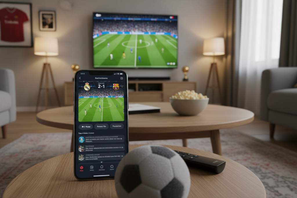 A modern user interface of a football streaming app displayed on a sleek, high-resolution smartphone. In the foreground, the phone screen showcases an exciting live match between two popular teams, with vibrant colors and action-packed graphics. Surrounding the phone, blurred at the edges, are elements like a cozy couch, a bowl of snacks, and a football, evoking a home viewing atmosphere. The middle ground features a stylish living room with sports-themed decor and a large TV screen reflecting the same football match. In the background, soft, warm lighting enhances the welcoming mood, symbolizing an ideal environment for enjoying football games. The scene is framed from a slightly elevated angle to capture all elements harmoniously, creating a lively yet relaxed vibe perfect for sports enthusiasts. A modern user interface of a football streaming app displayed on a sleek, high-resolution smartphone. In the foreground, the phone screen showcases an exciting live match between two popular teams, with vibrant colors and action-packed graphics. Surrounding the phone, blurred at the edges, are elements like a cozy couch, a bowl of snacks, and a football, evoking a home viewing atmosphere. The middle ground features a stylish living room with sports-themed decor and a large TV screen reflecting the same football match. In the background, soft, warm lighting enhances the welcoming mood, symbolizing an ideal environment for enjoying football games. The scene is framed from a slightly elevated angle to capture all elements harmoniously, creating a lively yet relaxed vibe perfect for sports enthusiasts.