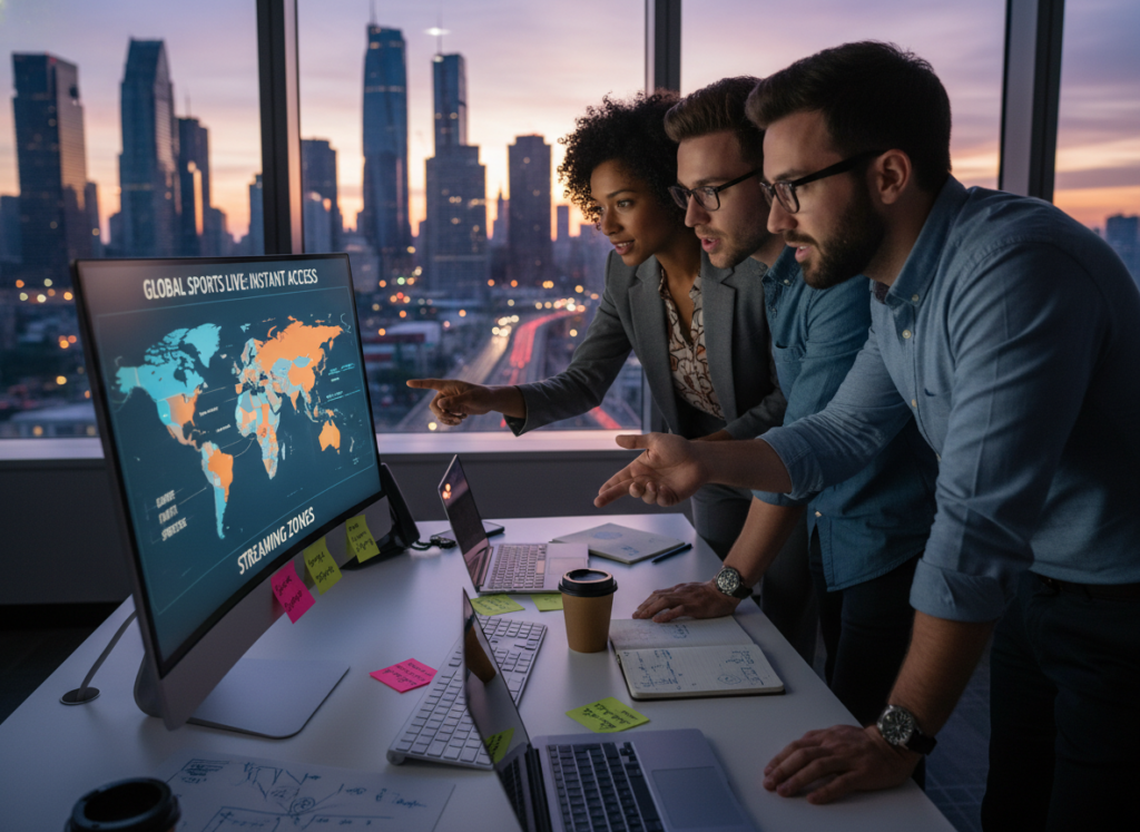 A modern workspace featuring a computer screen displaying a world map with highlighted regions, indicating streaming availability. The foreground shows a diverse group of three professionals, dressed in smart casual attire, actively discussing and pointing at the screen. The middle layer features the computer and an array of sticky notes with regional streaming options. In the background, large windows reveal a city skyline bathed in soft, warm light, suggesting late afternoon. The atmosphere is collaborative and focused, with a hint of excitement as they explore options for viewing live sports. The image should convey a sense of urgency and engagement, promoting a proactive approach to checking streaming availability. A modern workspace featuring a computer screen displaying a world map with highlighted regions, indicating streaming availability. The foreground shows a diverse group of three professionals, dressed in smart casual attire, actively discussing and pointing at the screen. The middle layer features the computer and an array of sticky notes with regional streaming options. In the background, large windows reveal a city skyline bathed in soft, warm light, suggesting late afternoon. The atmosphere is collaborative and focused, with a hint of excitement as they explore options for viewing live sports. The image should convey a sense of urgency and engagement, promoting a proactive approach to checking streaming availability.