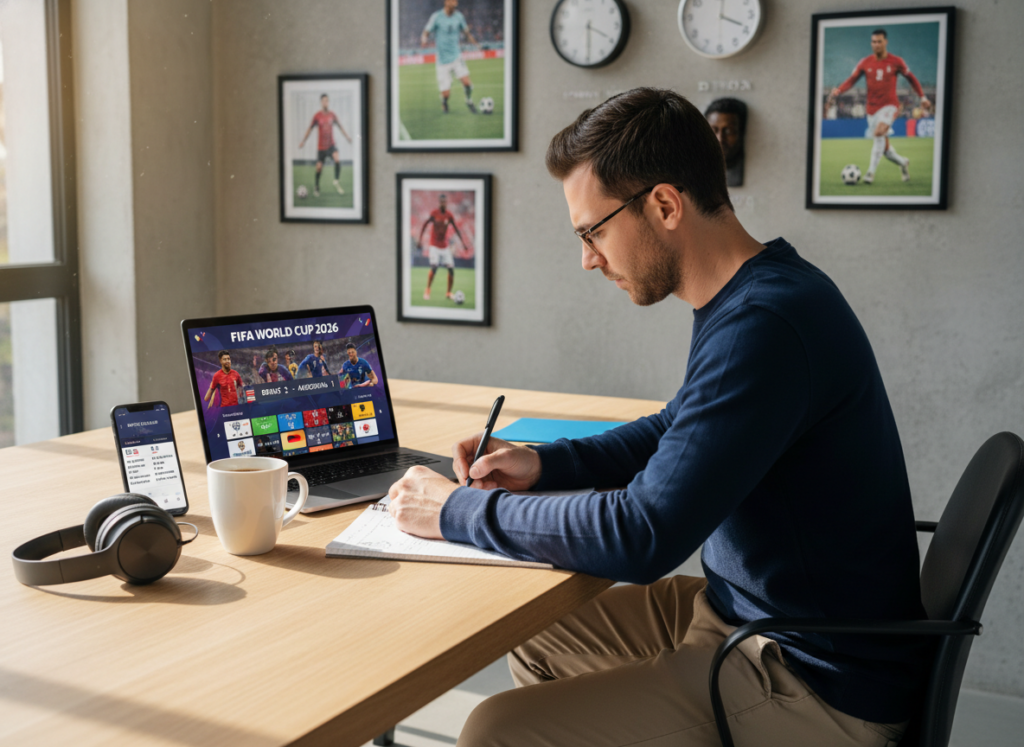 A modern workspace featuring a laptop open to a video streaming application interface, with vibrant graphics of soccer games on the screen. In the foreground, a person in smart casual attire is engaged with the laptop, taking notes with a notepad and pen. The middle ground includes a smartphone displaying a soccer schedule, alongside headphones and a cup of coffee. The background is a well-lit room with posters of famous soccer players and a wall clock showing different time zones. The atmosphere is focused and energetic, filled with anticipation for upcoming matches. Soft, natural light filters through a window, casting warm tones throughout the scene, capturing the excitement of following the 2026 World Cup. A modern workspace featuring a laptop open to a video streaming application interface, with vibrant graphics of soccer games on the screen. In the foreground, a person in smart casual attire is engaged with the laptop, taking notes with a notepad and pen. The middle ground includes a smartphone displaying a soccer schedule, alongside headphones and a cup of coffee. The background is a well-lit room with posters of famous soccer players and a wall clock showing different time zones. The atmosphere is focused and energetic, filled with anticipation for upcoming matches. Soft, natural light filters through a window, casting warm tones throughout the scene, capturing the excitement of following the 2026 World Cup.