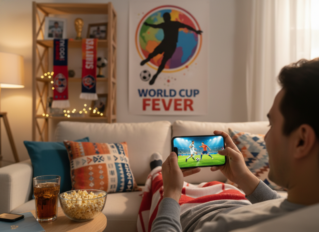 A person sitting comfortably in a cozy living room, intently watching a World Cup soccer game on their smartphone. The foreground features the phone displaying a vibrant match scene with players in action, surrounded by a cup of snacks and a drink. In the middle ground, a soft couch with decorative cushions adds to the relaxed atmosphere, while a colorful wall poster showcases a soccer theme. The background is adorned with shelves holding memorabilia like scarves and trophies, with warm lighting creating an inviting ambiance. An emotional vibe emanates from the scene, capturing the excitement of enjoying the World Cup from the convenience of a mobile device, emphasizing passion and engagement in the game.