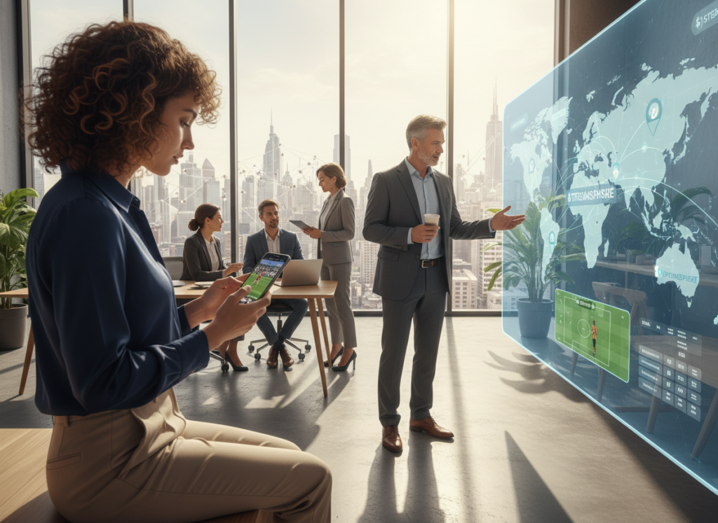 A serene office environment with a diverse group of professionals discussing mobile apps on a large screen. In the foreground, a young woman in smart casual attire examines a smartphone displaying a football match streaming interface. In the middle, a middle-aged man in a business suit points to a map highlighting regional availability of streaming services. The background features a bright window with natural light pouring in, showcasing a city skyline that hints at digital connectivity. The atmosphere is collaborative and focused, with hints of enthusiasm in their expressions. Soft shadows enhance the depth of the scene, creating a warm and engaging ambiance. A serene office environment with a diverse group of professionals discussing mobile apps on a large screen. In the foreground, a young woman in smart casual attire examines a smartphone displaying a football match streaming interface. In the middle, a middle-aged man in a business suit points to a map highlighting regional availability of streaming services. The background features a bright window with natural light pouring in, showcasing a city skyline that hints at digital connectivity. The atmosphere is collaborative and focused, with hints of enthusiasm in their expressions. Soft shadows enhance the depth of the scene, creating a warm and engaging ambiance.