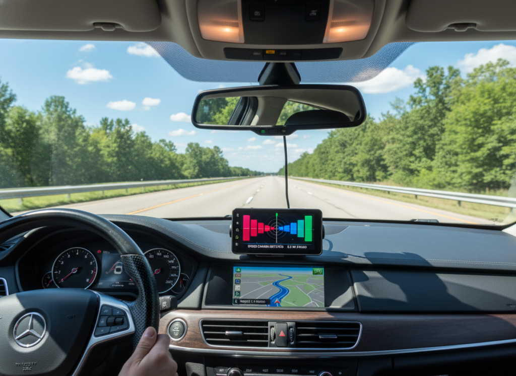 A sleek car interior is shown from the driver's perspective, highlighting a modern radar detection device mounted on the dashboard. The radarbot device displays a bright, colorful alert signal indicating nearby speed cameras, with a clear GPS interface illustrating the route. The car is in motion on a well-maintained highway, surrounded by green trees and a bright blue sky, conveying a sense of safe driving. Natural sunlight streams through the windshield, creating a warm, inviting atmosphere. The mood is focused and vigilant, emphasizing safety and awareness on the road. The composition should be well-framed, capturing the dashboard prominently in the foreground while offering a clear view of the road ahead in the background.