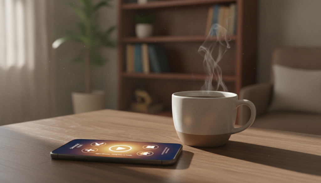 A smartphone displaying a vibrant app interface for listening to Bible messages, placed on a wooden table. The app features a play button and attractive icons symbolizing faith, such as a cross and a dove, set against a warm, inviting background. In the foreground, a steaming cup of coffee sits next to the phone, suggesting a cozy, reflective atmosphere. Soft, natural lighting streams in from a nearby window, casting gentle shadows. In the background, subtle hints of a home library with books and plants create a serene environment. The overall mood conveys peace, accessibility, and inspiration for spiritual growth, with a focus on modern digital engagement with faith.
