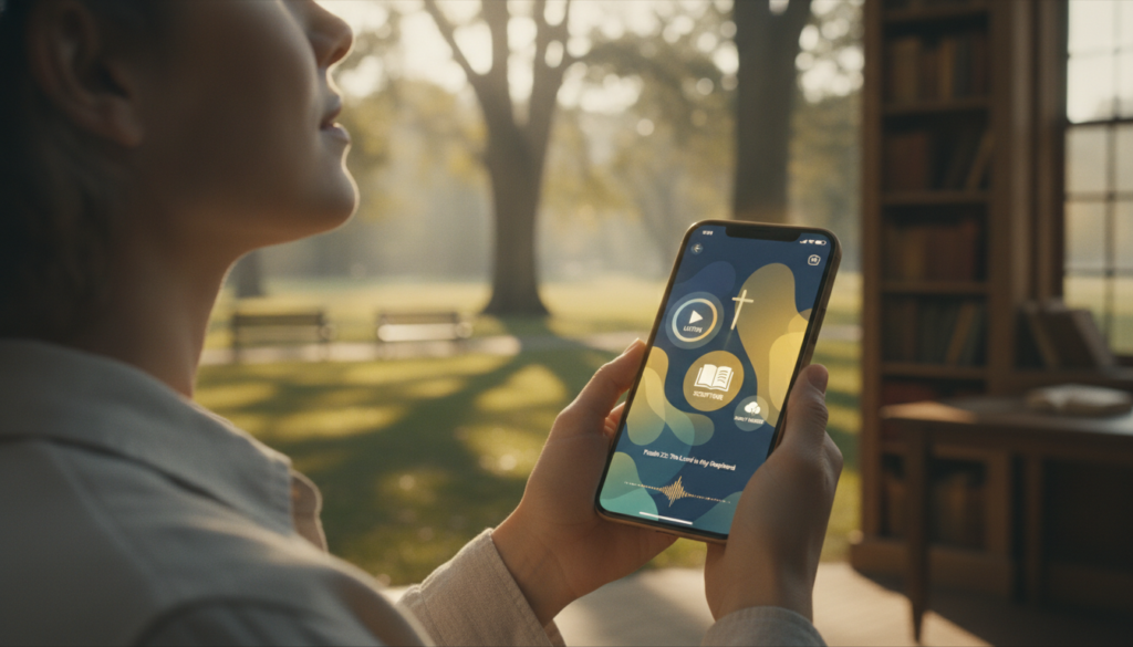 A smartphone displaying an innovative app interface for listening to the Word of God, prominently featuring a vibrant, user-friendly design. In the foreground, the smartphone is held by a person dressed in casual, modest clothing, with a look of inspiration on their face. The middle ground showcases the app's interface, with icons representing audio features and scripture selections. In the background, a soft, serene setting hints at tranquility - perhaps a sunlit park or a cozy study with shelves full of books. The lighting is warm and inviting, creating a hopeful and uplifting atmosphere. Use a slightly elevated angle to draw focus on the phone and its glowing screen, emphasizing modern technology blending with spiritual enrichment.