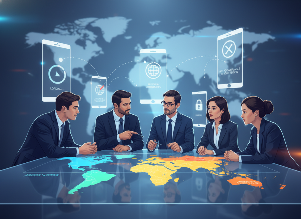 A stylized and informative illustration representing "Availability and Geographical Restrictions of Apps." In the foreground, depict a diverse group of professionals in business attire, intensely discussing a large digital map displaying different countries highlighted in various colors, symbolizing app availability. In the middle layer, add visual elements like smartphone screens with app icons, showing loading symbols and 'not available' notifications. In the background, incorporate a soft-focus world map to emphasize global connectivity, with subtle lighting effects creating a dynamic atmosphere. Use bright, engaging colors to convey excitement and a sense of urgency. The scene should feel modern, with an emphasis on technology and professional collaboration.