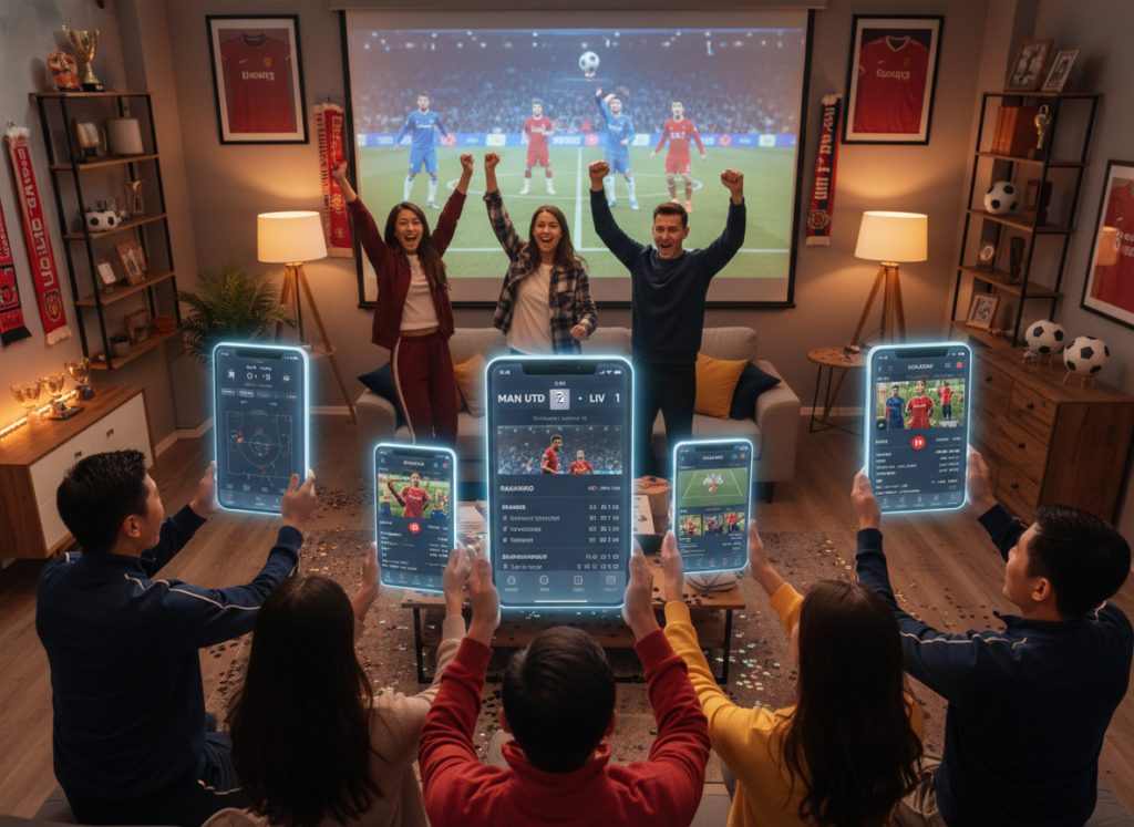 A vibrant and dynamic scene depicting modern smartphone applications related to football. In the foreground, a diverse group of people of various ethnicities, dressed in casual sports attire, is gathered around a large screen displaying a football match, their faces expressing excitement and focus. The middle ground features a variety of smartphone screens showcasing football apps with live scores, player statistics, and video highlights. The background includes a cozy living room with fans cheering, surrounded by football memorabilia and dimmed lighting to create an immersive atmosphere. The image should have a warm and energetic mood, using a wide angle lens to capture the excitement and engagement of the viewers. A vibrant and dynamic scene depicting modern smartphone applications related to football. In the foreground, a diverse group of people of various ethnicities, dressed in casual sports attire, is gathered around a large screen displaying a football match, their faces expressing excitement and focus. The middle ground features a variety of smartphone screens showcasing football apps with live scores, player statistics, and video highlights. The background includes a cozy living room with fans cheering, surrounded by football memorabilia and dimmed lighting to create an immersive atmosphere. The image should have a warm and energetic mood, using a wide angle lens to capture the excitement and engagement of the viewers.