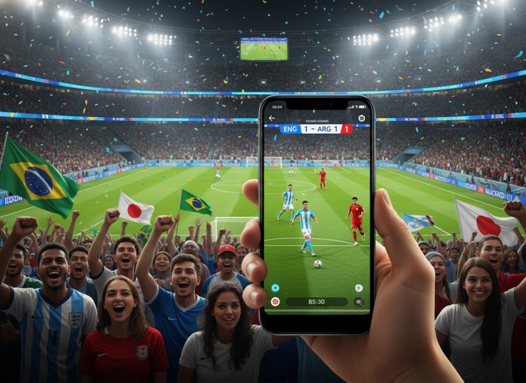 A vibrant and dynamic scene depicting the excitement of the 2026 World Cup as experienced through a smartphone. In the foreground, a close-up of a modern smartphone displaying a live soccer match, with vivid colors of the teams' jerseys visible on the screen. The middle ground features enthusiastic fans watching the match, dressed in casual attire, showcasing a mix of national flags. The background features a large stadium under bright stadium lights, filled with cheering crowds, creating a lively atmosphere. The lighting is bright and energetic, emphasizing the excitement of the event. The composition is captured from a slightly elevated angle, portraying the intensity and engagement of fans enjoying the match on their mobile devices.