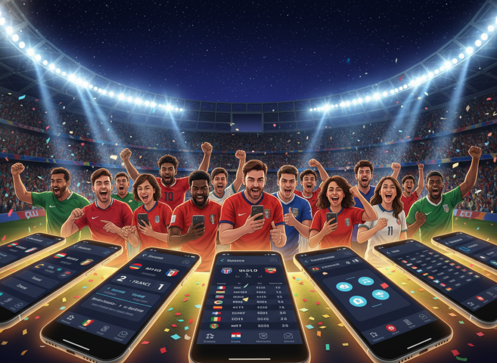 A vibrant and engaging collage representing the best free apps to track the 2026 World Cup and football. In the foreground, illustrated smartphone screens showcasing various app interfaces, including live score updates, match schedules, and interactive features. In the middle ground, enthusiastic fans wearing soccer jerseys and engaged in using their devices, some sharing experiences with friends. The background features a stadium filled with cheering crowds, under bright stadium lights. The atmosphere conveys excitement and anticipation for the tournament, with a night sky full of stars giving a magical feel. The image captures the thrill of following the World Cup, inviting viewers into the experience without any text or distractions. A vibrant and engaging collage representing the best free apps to track the 2026 World Cup and football. In the foreground, illustrated smartphone screens showcasing various app interfaces, including live score updates, match schedules, and interactive features. In the middle ground, enthusiastic fans wearing soccer jerseys and engaged in using their devices, some sharing experiences with friends. The background features a stadium filled with cheering crowds, under bright stadium lights. The atmosphere conveys excitement and anticipation for the tournament, with a night sky full of stars giving a magical feel. The image captures the thrill of following the World Cup, inviting viewers into the experience without any text or distractions.