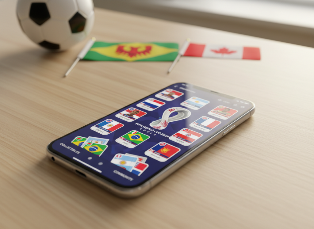 A vibrant and engaging digital album for the 2026 World Cup, displayed prominently on a modern smartphone nestled on a tidy wooden table. In the foreground, the phone's screen showcases colorful stickers and player cards, representing various national teams. The middle ground highlights a blurred background of lively football memorabilia, including soccer balls and mini flags fluttering in the breeze. Soft, warm lighting enhances the colors and details, creating an inviting atmosphere reminiscent of excitement and anticipation for the tournament. The angle of the shot is slightly overhead, capturing the essence of a user-friendly mobile experience. The image conveys a sense of fun, community, and modern technology, emphasizing the growing trend of digital collectibles in sports.