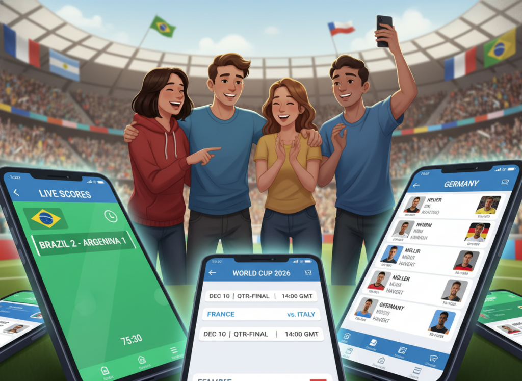 A vibrant and engaging illustration showcasing a variety of smartphone screens displaying apps designed for football fans to stay updated during the World Cup. In the foreground, close-up views of the screens highlight colorful interfaces with live scores, match schedules, and team rosters. The middle layer features a diverse group of enthusiastic fans in modest casual clothing, joyfully interacting with their devices and sharing their excitement. In the background, a football stadium is subtly hinted at with cheering crowds and colorful banners representing different nations. Soft, warm lighting creates an inviting atmosphere, emphasizing the communal spirit of football fandom. The composition is framed from a slightly elevated angle, focusing on both the activity of the fans and the dynamic app visuals, evoking a sense of anticipation and joy surrounding the tournament. A vibrant and engaging illustration showcasing a variety of smartphone screens displaying apps designed for football fans to stay updated during the World Cup. In the foreground, close-up views of the screens highlight colorful interfaces with live scores, match schedules, and team rosters. The middle layer features a diverse group of enthusiastic fans in modest casual clothing, joyfully interacting with their devices and sharing their excitement. In the background, a football stadium is subtly hinted at with cheering crowds and colorful banners representing different nations. Soft, warm lighting creates an inviting atmosphere, emphasizing the communal spirit of football fandom. The composition is framed from a slightly elevated angle, focusing on both the activity of the fans and the dynamic app visuals, evoking a sense of anticipation and joy surrounding the tournament.
