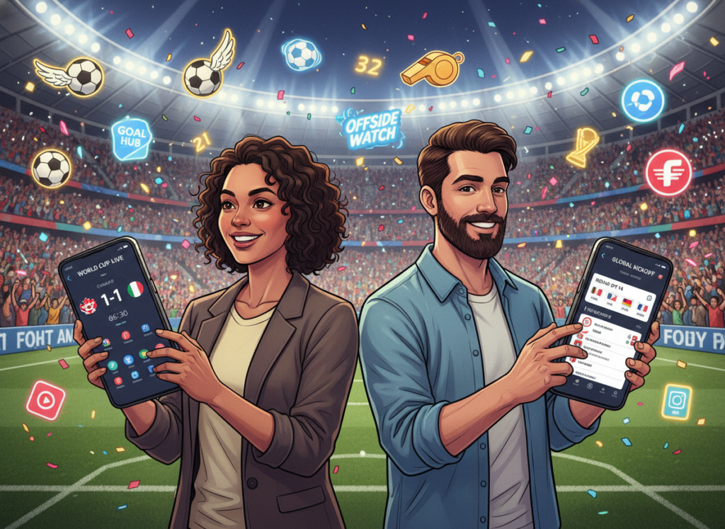 A vibrant and engaging illustration showcasing various smartphone screens displaying popular free applications for tracking the FIFA World Cup 2026. In the foreground, focus on two modern smartphones held by diverse individuals in business casual attire, expressing excitement and anticipation. The middle ground features a lively atmosphere, with colorful soccer-themed graphics, app icons, and live scores emerging from the devices. In the background, depict a soccer stadium filled with enthusiastic fans, illuminated by dynamic lighting that creates a festive mood. The overall ambiance should convey a sense of community and passion for soccer, encapsulating the thrill of the World Cup experience in a visually striking manner. A vibrant and engaging illustration showcasing various smartphone screens displaying popular free applications for tracking the FIFA World Cup 2026. In the foreground, focus on two modern smartphones held by diverse individuals in business casual attire, expressing excitement and anticipation. The middle ground features a lively atmosphere, with colorful soccer-themed graphics, app icons, and live scores emerging from the devices. In the background, depict a soccer stadium filled with enthusiastic fans, illuminated by dynamic lighting that creates a festive mood. The overall ambiance should convey a sense of community and passion for soccer, encapsulating the thrill of the World Cup experience in a visually striking manner.