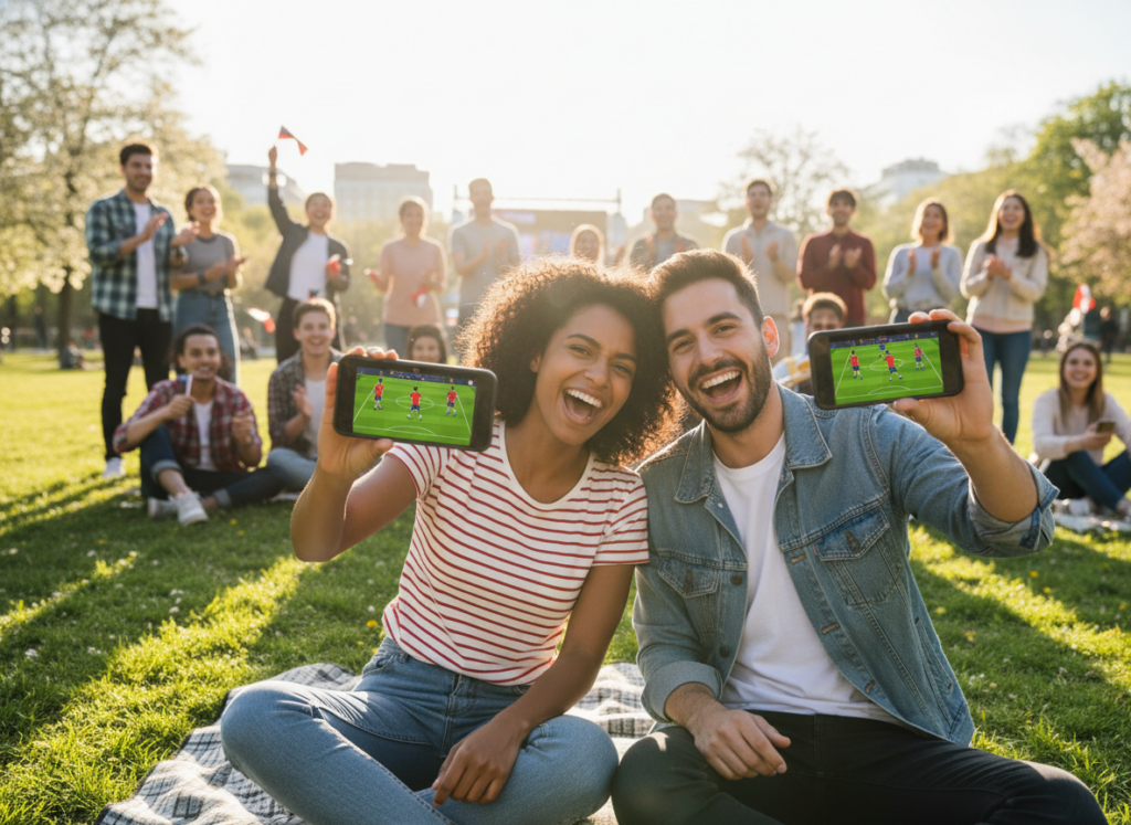 A vibrant and engaging scene depicting a diverse group of young adults joyfully watching a soccer match on their smartphones. In the foreground, two friends sit comfortably together, both dressed in casual, modest clothing, with bright expressions of excitement on their faces as they share their mobile screens. The middle ground features a lush park setting with a backdrop of cheering fans in the distance, hinting at a larger viewership. The scene is bathed in soft, warm sunlight, creating a lively atmosphere that evokes camaraderie and excitement. Use a slightly angled perspective that emphasizes the connection between the friends and their devices while capturing the energy of the soccer event in the background. A vibrant and engaging scene depicting a diverse group of young adults joyfully watching a soccer match on their smartphones. In the foreground, two friends sit comfortably together, both dressed in casual, modest clothing, with bright expressions of excitement on their faces as they share their mobile screens. The middle ground features a lush park setting with a backdrop of cheering fans in the distance, hinting at a larger viewership. The scene is bathed in soft, warm sunlight, creating a lively atmosphere that evokes camaraderie and excitement. Use a slightly angled perspective that emphasizes the connection between the friends and their devices while capturing the energy of the soccer event in the background.