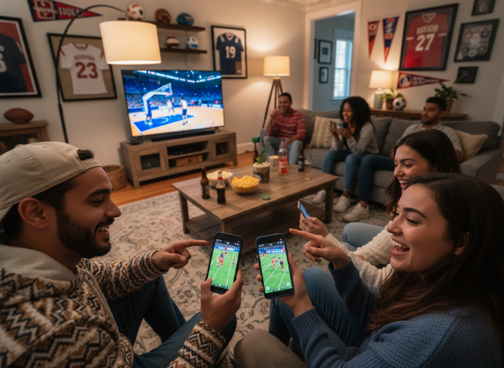 A vibrant and engaging scene depicting a group of diverse individuals gathered in a cozy living room, excitedly watching a live sports event on their mobile devices. In the foreground, focus on three friends, one man and two women, sharing tips and pointing at their phones, dressed in casual but neat clothing. The middle layer should include a large TV displaying a dynamic sports scene in bright colors, with snacks and drinks scattered on a coffee table. The background should show a warm, inviting atmosphere with soft lighting from a floor lamp and decorative elements like sports memorabilia on the walls. The overall mood is energetic and friendly, capturing the excitement of watching live events together. A vibrant and engaging scene depicting a group of diverse individuals gathered in a cozy living room, excitedly watching a live sports event on their mobile devices. In the foreground, focus on three friends, one man and two women, sharing tips and pointing at their phones, dressed in casual but neat clothing. The middle layer should include a large TV displaying a dynamic sports scene in bright colors, with snacks and drinks scattered on a coffee table. The background should show a warm, inviting atmosphere with soft lighting from a floor lamp and decorative elements like sports memorabilia on the walls. The overall mood is energetic and friendly, capturing the excitement of watching live events together.