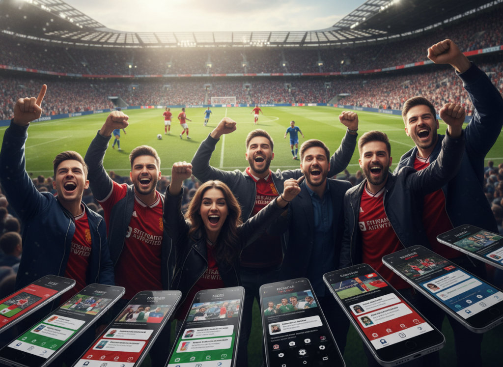 A vibrant and engaging scene featuring a variety of mobile apps displayed on modern smartphones related to soccer, prominently in the foreground. Each smartphone screen showcases colorful icons and interfaces of popular football-related apps, including live scores, news updates, and fan engagement platforms. In the middle ground, a group of diverse football fans dressed in casual but stylish attire cheer enthusiastically, holding their phones. The background features a soccer pitch filled with players in action, under natural daylight that enhances the excitement. The atmosphere is lively and energetic, capturing the passion of football fandom. The angle is slightly tilted to create a dynamic perspective, focusing on the interaction between the fans and their devices, ensuring it's Safe For Work. A vibrant and engaging scene featuring a variety of mobile apps displayed on modern smartphones related to soccer, prominently in the foreground. Each smartphone screen showcases colorful icons and interfaces of popular football-related apps, including live scores, news updates, and fan engagement platforms. In the middle ground, a group of diverse football fans dressed in casual but stylish attire cheer enthusiastically, holding their phones. The background features a soccer pitch filled with players in action, under natural daylight that enhances the excitement. The atmosphere is lively and energetic, capturing the passion of football fandom. The angle is slightly tilted to create a dynamic perspective, focusing on the interaction between the fans and their devices, ensuring it's Safe For Work.