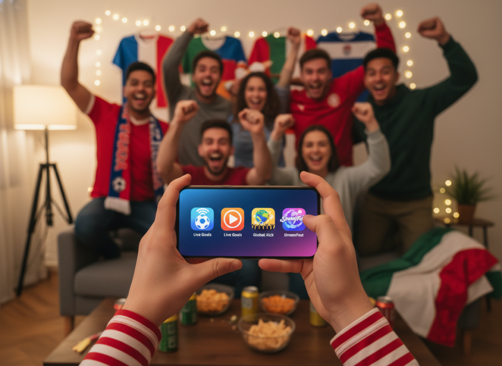 A vibrant and engaging scene focused on a smartphone displaying various icons of free apps designed for streaming the World Cup. In the foreground, a close-up of the phone held in a person's hand, showcasing colorful app icons such as a soccer ball, a live streaming sign, and a trophy. The person wears casual clothing, symbolizing sports enthusiasm. In the middle ground, a lively living room ambiance with friends gathered around, all focused on the phone's screen, wearing casual attire and cheering. The background features a cozy setup with soccer jerseys and decor, hinting at the World Cup theme. Soft, warm lighting to create an inviting atmosphere, capturing the excitement and camaraderie of watching soccer together.