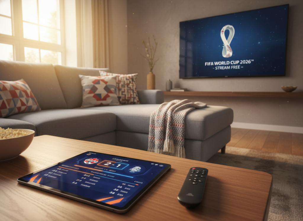 A vibrant and engaging scene showcasing a digital streaming setup for the 2026 FIFA World Cup. In the foreground, a sleek tablet displays a live soccer match interface, with colorful graphics indicating scores and teams. To the side, a remote control lies on a stylish coffee table, emphasizing the comfort of watching from home. In the middle ground, a cozy living room setting features a plush sofa with decorative pillows, and a window letting in warm, natural light that creates a welcoming atmosphere. In the background, a large television screen displays the iconic World Cup logo subtly glowing, hinting at digital broadcasting. The overall mood is exciting and inviting, perfect for sports fans enjoying games through free apps. The image focuses on modern technology in a home environment, showcasing digital excitement. A vibrant and engaging scene showcasing a digital streaming setup for the 2026 FIFA World Cup. In the foreground, a sleek tablet displays a live soccer match interface, with colorful graphics indicating scores and teams. To the side, a remote control lies on a stylish coffee table, emphasizing the comfort of watching from home. In the middle ground, a cozy living room setting features a plush sofa with decorative pillows, and a window letting in warm, natural light that creates a welcoming atmosphere. In the background, a large television screen displays the iconic World Cup logo subtly glowing, hinting at digital broadcasting. The overall mood is exciting and inviting, perfect for sports fans enjoying games through free apps. The image focuses on modern technology in a home environment, showcasing digital excitement.