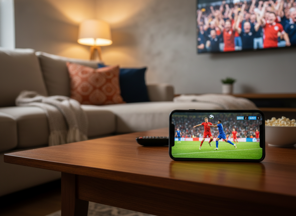 A vibrant and engaging scene showcasing a smartphone displaying a live soccer match, set against a cozy living room background. In the foreground, the smartphone is positioned prominently on a stylish coffee table, with dynamic images of players mid-action on the screen. The middle section features a comfortable couch with a few pillows, hinting at a relaxed atmosphere perfect for enjoying sports. In the background, there’s a wall-mounted TV showing cheering fans, enhancing the sports ambiance. Soft, warm lighting creates an inviting feel, while a slight depth of field blurs the background, keeping the focus on the smartphone. The overall mood is excitement and anticipation, capturing the thrill of watching soccer for free on a mobile device. A vibrant and engaging scene showcasing a smartphone displaying a live soccer match, set against a cozy living room background. In the foreground, the smartphone is positioned prominently on a stylish coffee table, with dynamic images of players mid-action on the screen. The middle section features a comfortable couch with a few pillows, hinting at a relaxed atmosphere perfect for enjoying sports. In the background, there’s a wall-mounted TV showing cheering fans, enhancing the sports ambiance. Soft, warm lighting creates an inviting feel, while a slight depth of field blurs the background, keeping the focus on the smartphone. The overall mood is excitement and anticipation, capturing the thrill of watching soccer for free on a mobile device.