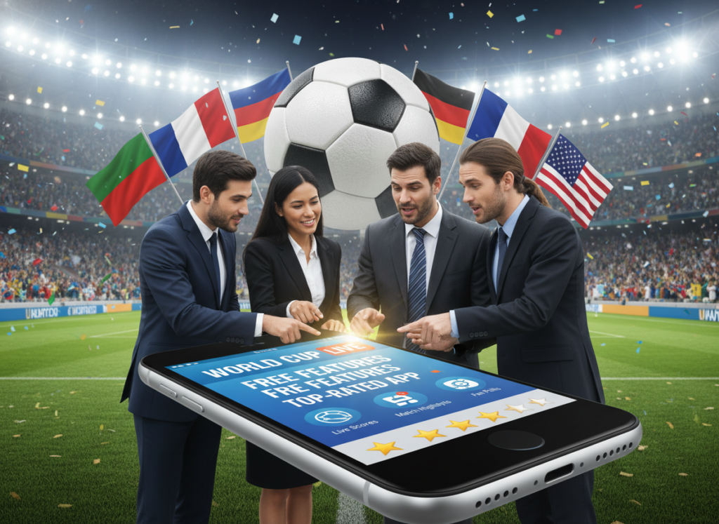 A vibrant and engaging scene showcasing a smartphone displaying a user-friendly app interface for the World Cup, emphasizing free features and top ratings. In the foreground, the phone is held by a diverse group of people, dressed in professional business attire, who are discussing the app enthusiastically. The middle ground features a colorful backdrop of the World Cup soccer ball and flags from various countries, symbolizing unity and excitement. The background shows a packed stadium with cheering fans under bright stadium lights, creating an electrifying atmosphere. The image should be well-lit, capturing the energy of the event, and framed at a slight angle to give depth, while ensuring a clean and polished aesthetic, reflecting a professional and dynamic environment. A vibrant and engaging scene showcasing a smartphone displaying a user-friendly app interface for the World Cup, emphasizing free features and top ratings. In the foreground, the phone is held by a diverse group of people, dressed in professional business attire, who are discussing the app enthusiastically. The middle ground features a colorful backdrop of the World Cup soccer ball and flags from various countries, symbolizing unity and excitement. The background shows a packed stadium with cheering fans under bright stadium lights, creating an electrifying atmosphere. The image should be well-lit, capturing the energy of the event, and framed at a slight angle to give depth, while ensuring a clean and polished aesthetic, reflecting a professional and dynamic environment.