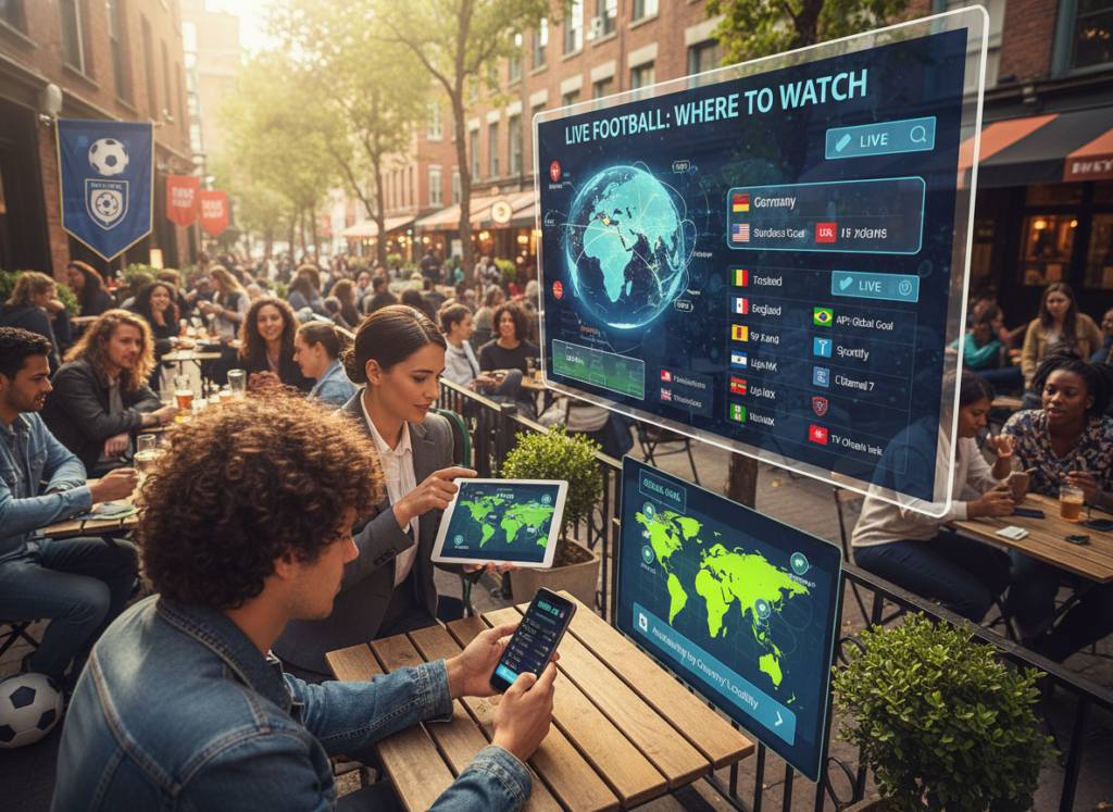 A vibrant and informative scene depicting a diverse group of people engaged in checking smartphone apps for live football matches, emphasizing the theme of availability by country and locality. In the foreground, a young man in a casual outfit examines his phone with a focused expression, while a woman beside him dressed in professional attire points to a map on her tablet. The middle ground features a large screen displaying a colorful, interactive world map with highlighted countries, indicating various locations with availability notifications. In the background, a lively urban environment suggests an outdoor café setting, with football paraphernalia subtly incorporated, such as a soccer ball or team banners. The lighting is bright and cheerful, creating an inviting atmosphere that captures the excitement of live sports viewing. The angle is slightly tilted from above, offering a clear perspective on the actions of the individuals. A vibrant and informative scene depicting a diverse group of people engaged in checking smartphone apps for live football matches, emphasizing the theme of availability by country and locality. In the foreground, a young man in a casual outfit examines his phone with a focused expression, while a woman beside him dressed in professional attire points to a map on her tablet. The middle ground features a large screen displaying a colorful, interactive world map with highlighted countries, indicating various locations with availability notifications. In the background, a lively urban environment suggests an outdoor café setting, with football paraphernalia subtly incorporated, such as a soccer ball or team banners. The lighting is bright and cheerful, creating an inviting atmosphere that captures the excitement of live sports viewing. The angle is slightly tilted from above, offering a clear perspective on the actions of the individuals.