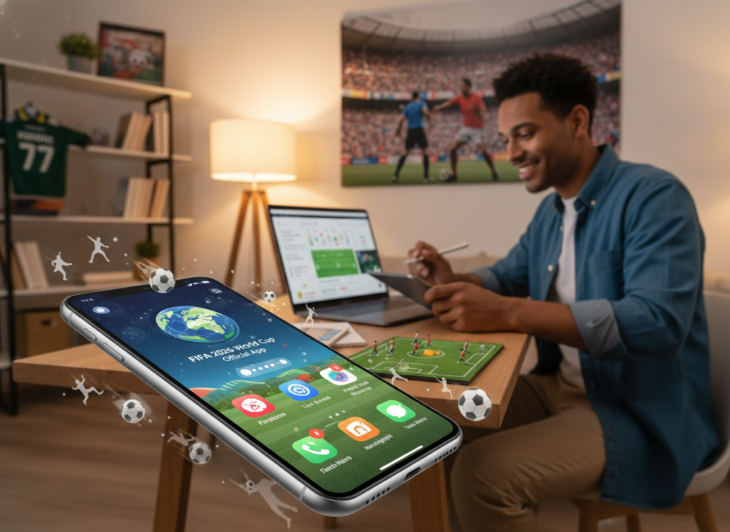 A vibrant and informative scene showcasing a smartphone displaying popular football apps for the 2026 World Cup. In the foreground, a modern, angled smartphone is front and center, with colorful app icons visible on the screen. Engaging visuals of football-related graphics surround the phone, like soccer balls, player silhouettes, and a soccer field in action. In the middle background, an individual dressed in smart casual attire sits at a cozy desk with a laptop, looking engaged while exploring apps, with a slight smile, exuding enthusiasm about the topic. The background is softly blurred, showing a well-decorated room with warm lighting and a large poster of a football match on the wall. The atmosphere is lively and encouraging, depicting a sense of excitement about following football. A vibrant and informative scene showcasing a smartphone displaying popular football apps for the 2026 World Cup. In the foreground, a modern, angled smartphone is front and center, with colorful app icons visible on the screen. Engaging visuals of football-related graphics surround the phone, like soccer balls, player silhouettes, and a soccer field in action. In the middle background, an individual dressed in smart casual attire sits at a cozy desk with a laptop, looking engaged while exploring apps, with a slight smile, exuding enthusiasm about the topic. The background is softly blurred, showing a well-decorated room with warm lighting and a large poster of a football match on the wall. The atmosphere is lively and encouraging, depicting a sense of excitement about following football.