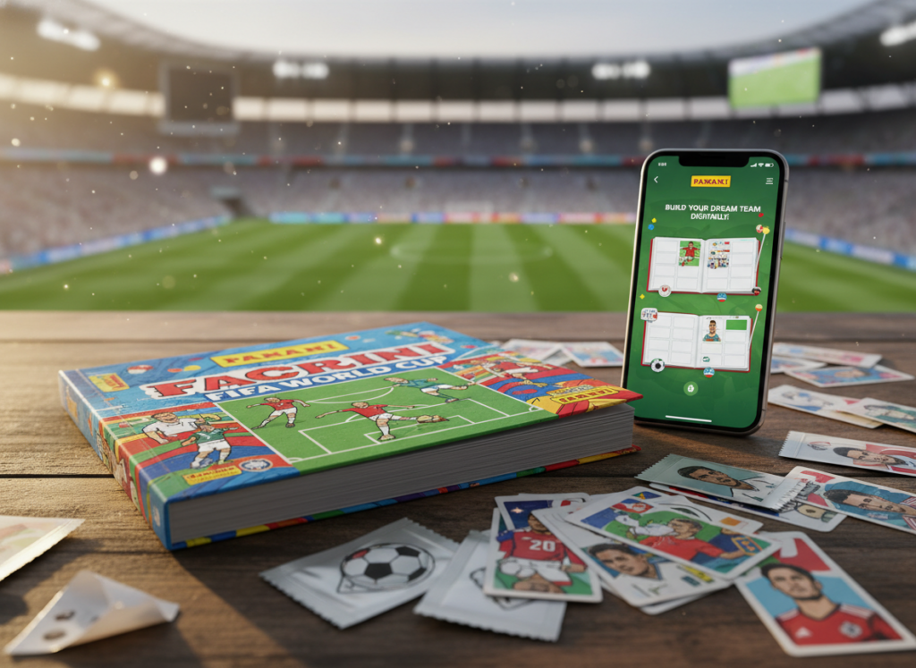 A vibrant and inviting depiction of a FIFA Panini Collection album, prominently displayed in the foreground. The album features its colorful cover with iconic football imagery, surrounded by a scattering of collectible stickers, some partially opened to reveal their designs. In the middle ground, a smartphone showcases the digital version of the Panini Collection app, highlighting the ease of access to the album. The background is filled with elements of a football stadium, subtly blurred to focus on the album and phone. Soft, warm lighting enhances the collectible theme, creating a sense of nostalgia and excitement. The image should convey a playful and enthusiastic atmosphere, perfect for fans eager to explore their collection. A vibrant and inviting depiction of a FIFA Panini Collection album, prominently displayed in the foreground. The album features its colorful cover with iconic football imagery, surrounded by a scattering of collectible stickers, some partially opened to reveal their designs. In the middle ground, a smartphone showcases the digital version of the Panini Collection app, highlighting the ease of access to the album. The background is filled with elements of a football stadium, subtly blurred to focus on the album and phone. Soft, warm lighting enhances the collectible theme, creating a sense of nostalgia and excitement. The image should convey a playful and enthusiastic atmosphere, perfect for fans eager to explore their collection.