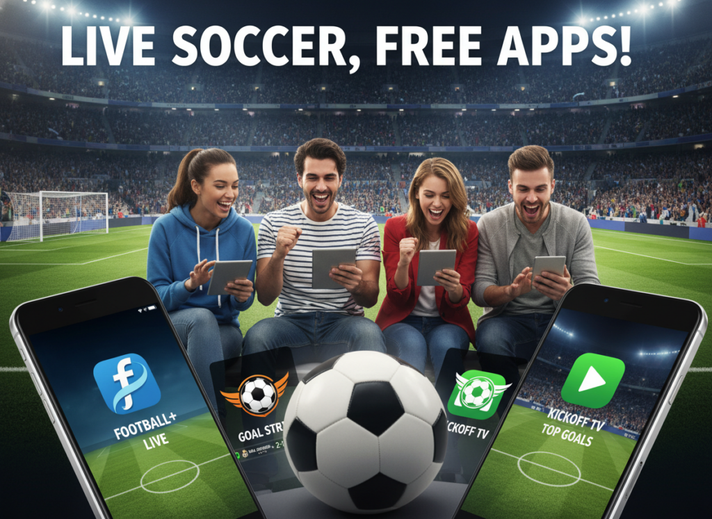 A vibrant and modern collage showcasing the top free apps for iOS and Android, focused on live soccer streaming. In the foreground, display sleek smartphone screens featuring colorful app icons and a soccer ball. The middle layer includes diverse individuals of different backgrounds, dressed in casual attire, happily interacting with their devices while viewing soccer highlights. In the background, a lively soccer field with fans cheering creates an energetic atmosphere. The lighting is bright and engaging, with a slight bokeh effect to emphasize the foreground elements. The image conveys excitement and the joy of accessing live soccer content through mobile apps, perfect for readers interested in technology and sports. A vibrant and modern collage showcasing the top free apps for iOS and Android, focused on live soccer streaming. In the foreground, display sleek smartphone screens featuring colorful app icons and a soccer ball. The middle layer includes diverse individuals of different backgrounds, dressed in casual attire, happily interacting with their devices while viewing soccer highlights. In the background, a lively soccer field with fans cheering creates an energetic atmosphere. The lighting is bright and engaging, with a slight bokeh effect to emphasize the foreground elements. The image conveys excitement and the joy of accessing live soccer content through mobile apps, perfect for readers interested in technology and sports.