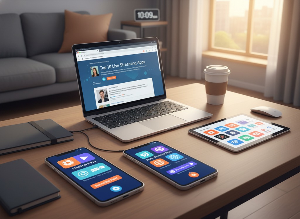 A vibrant and modern illustration showcasing a variety of paid apps and subscription alternatives for live streaming on mobile devices. In the foreground, display sleek smartphones showing popular app icons like sports streaming services. In the middle ground, include a stylish workspace with a laptop and tablet, all set on a wooden desk. The background features a soft-focus view of a living room or office, evoking a cozy atmosphere with warm lighting. Incorporate subtle elements such as a digital clock and a couch, enhancing the environment's inviting feel. Use a high-angle perspective to capture the scene, ensuring a professional, clean aesthetic, devoid of distractions. The overall mood should be enthusiastic and tech-savvy.