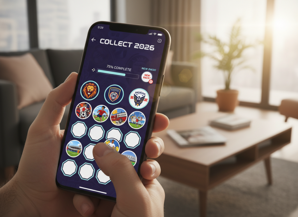 A vibrant, digital album interface displayed on a modern smartphone, showcasing colorful collectible stickers for the 2026 World Cup. In the foreground, the phone is held by a hand casually, with beautifully designed stickers visible on the screen, featuring iconic soccer imagery and team logos. In the middle ground, a blurred background hints at a cozy living room setting with soft lighting, creating a warm and inviting atmosphere. Natural sunlight gently streams through a nearby window, adding brightness to the scene. The composition should evoke excitement and anticipation, appealing to avid collectors. The angle should be slightly tilted to create depth, focusing on the interaction of the user with the digital album. A vibrant, digital album interface displayed on a modern smartphone, showcasing colorful collectible stickers for the 2026 World Cup. In the foreground, the phone is held by a hand casually, with beautifully designed stickers visible on the screen, featuring iconic soccer imagery and team logos. In the middle ground, a blurred background hints at a cozy living room setting with soft lighting, creating a warm and inviting atmosphere. Natural sunlight gently streams through a nearby window, adding brightness to the scene. The composition should evoke excitement and anticipation, appealing to avid collectors. The angle should be slightly tilted to create depth, focusing on the interaction of the user with the digital album.