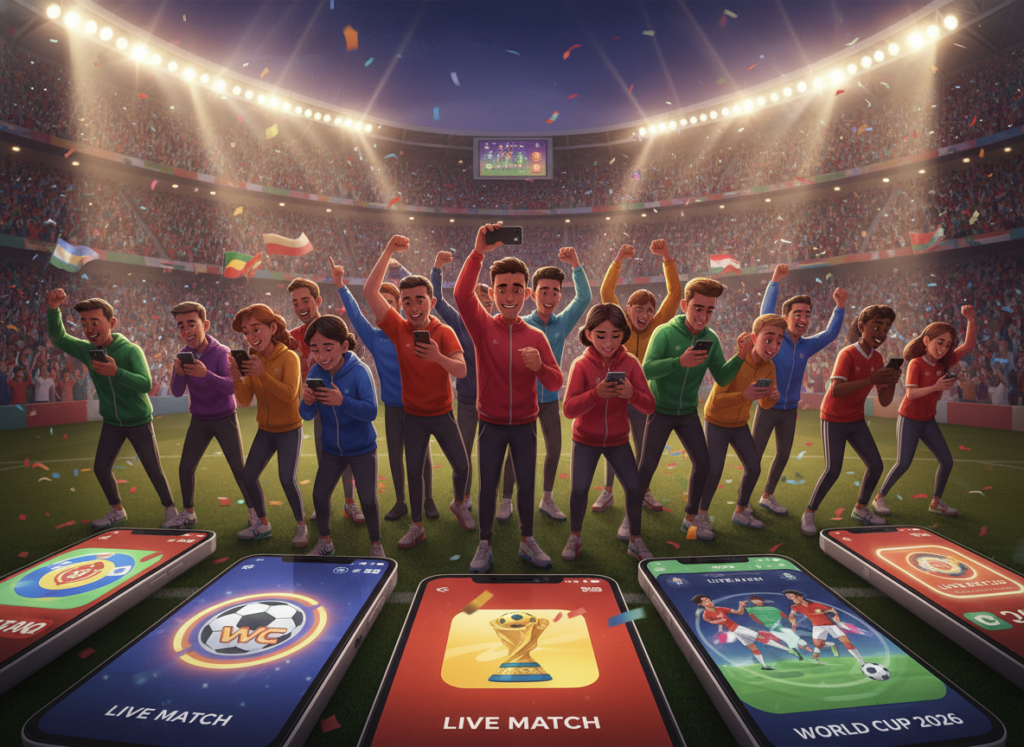 A vibrant digital illustration showcasing a collection of popular mobile apps for streaming the World Cup and football. In the foreground, display smartphone screens with dynamic app icons such as a soccer ball, a trophy, and lively match graphics. The middle ground features fans animatedly watching a football match on their mobile devices, dressed in casual sportswear in a festive atmosphere. In the background, a large football stadium is filled with cheering fans and colorful flags waving, illuminated by bright stadium lights to create an energetic mood. Use a wide-angle perspective to capture the excitement and camaraderie of the moment, with a warm, inviting color palette that evokes enthusiasm for the sport. A vibrant digital illustration showcasing a collection of popular mobile apps for streaming the World Cup and football. In the foreground, display smartphone screens with dynamic app icons such as a soccer ball, a trophy, and lively match graphics. The middle ground features fans animatedly watching a football match on their mobile devices, dressed in casual sportswear in a festive atmosphere. In the background, a large football stadium is filled with cheering fans and colorful flags waving, illuminated by bright stadium lights to create an energetic mood. Use a wide-angle perspective to capture the excitement and camaraderie of the moment, with a warm, inviting color palette that evokes enthusiasm for the sport.