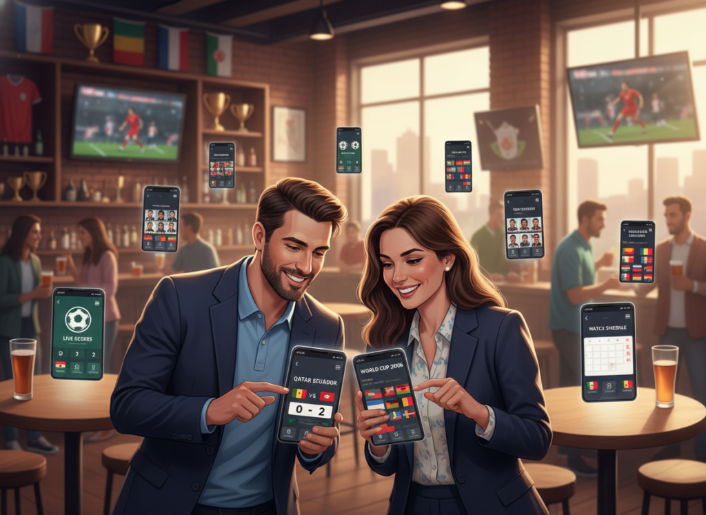 A vibrant digital illustration showcasing smartphone screens displaying various football-related apps designed for tracking the World Cup, set against a lively sports bar atmosphere. In the foreground, a close-up view of two people, a man and a woman, dressed in casual yet professional attire, excitedly interacting with their phones. They show expressions of joy and anticipation. In the middle, several smartphones are visible with colorful app icons depicting live scores, team statistics, and match schedules. The background features a stylish bar with sports memorabilia, ambient lighting, and muted televisions displaying football matches, creating a festive mood. The scene is well-lit, using soft natural light to convey an inviting and energetic atmosphere, captured from a slightly elevated angle for a comprehensive view. A vibrant digital illustration showcasing smartphone screens displaying various football-related apps designed for tracking the World Cup, set against a lively sports bar atmosphere. In the foreground, a close-up view of two people, a man and a woman, dressed in casual yet professional attire, excitedly interacting with their phones. They show expressions of joy and anticipation. In the middle, several smartphones are visible with colorful app icons depicting live scores, team statistics, and match schedules. The background features a stylish bar with sports memorabilia, ambient lighting, and muted televisions displaying football matches, creating a festive mood. The scene is well-lit, using soft natural light to convey an inviting and energetic atmosphere, captured from a slightly elevated angle for a comprehensive view.