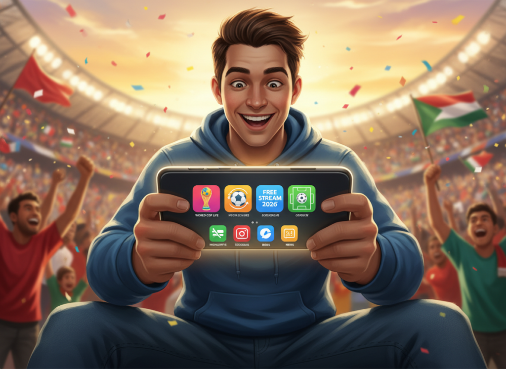 A vibrant digital illustration showcasing various smartphone applications for watching the FIFA World Cup 2026. In the foreground, depict a smartphone screen displaying colorful app icons, including football-themed designs and live streaming features. The middle ground should feature a casually dressed person, focused on the phone, immersed in the excitement of the game. The background can feature a lively football stadium atmosphere, with cheering fans and flags waving, captured in soft, blurred tones to prioritize the smartphone display. Use warm, inviting lighting to evoke excitement, and a dynamic angle that conveys action and engagement. The overall mood should be energetic and festive, celebrating the joy of watching football on mobile devices without any costs. A vibrant digital illustration showcasing various smartphone applications for watching the FIFA World Cup 2026. In the foreground, depict a smartphone screen displaying colorful app icons, including football-themed designs and live streaming features. The middle ground should feature a casually dressed person, focused on the phone, immersed in the excitement of the game. The background can feature a lively football stadium atmosphere, with cheering fans and flags waving, captured in soft, blurred tones to prioritize the smartphone display. Use warm, inviting lighting to evoke excitement, and a dynamic angle that conveys action and engagement. The overall mood should be energetic and festive, celebrating the joy of watching football on mobile devices without any costs.