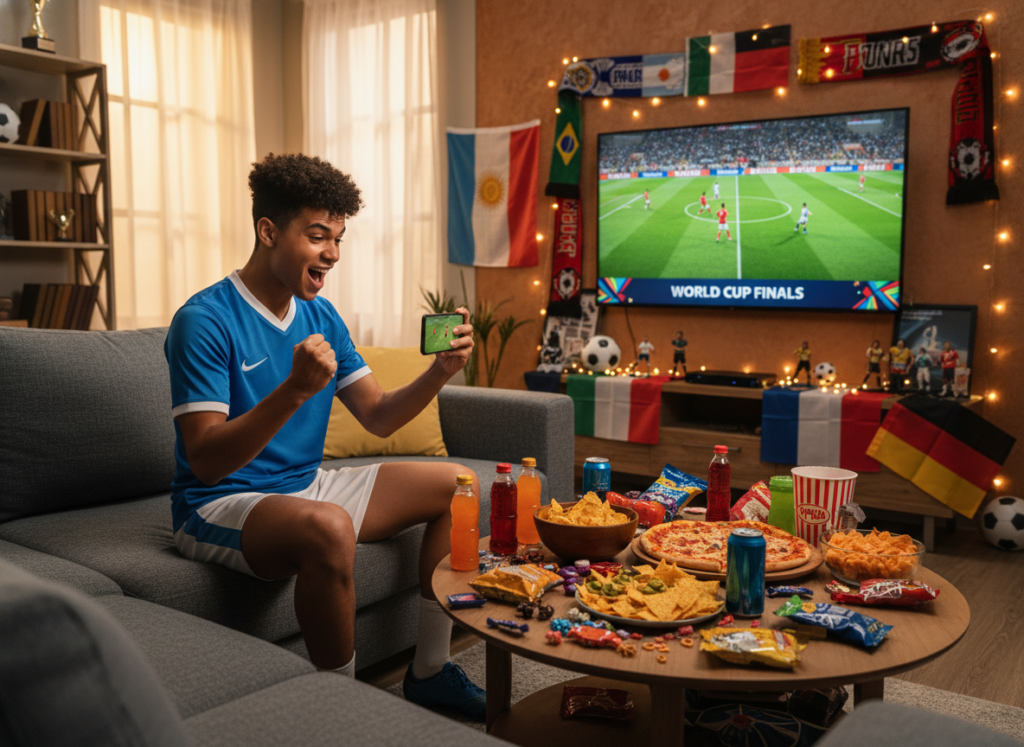 A vibrant, dynamic scene showcasing a young adult attentively watching a soccer match on their smartphone. In the foreground, the individual, dressed in casual sportswear, is sitting comfortably on a couch, animatedly reacting to a thrilling moment in the game. A colorful assortment of snacks and drinks is spread on a table nearby, adding to the excitement. In the middle ground, a cozy living room setup features a large TV displaying a soccer match, with flags and memorabilia adorning the walls, exuding a festive atmosphere. The background suggests a warm, inviting space with soft lighting, creating an energetic yet homely vibe. The overall mood is one of enthusiasm and joy, perfect for celebrating the World Cup experience. A vibrant, dynamic scene showcasing a young adult attentively watching a soccer match on their smartphone. In the foreground, the individual, dressed in casual sportswear, is sitting comfortably on a couch, animatedly reacting to a thrilling moment in the game. A colorful assortment of snacks and drinks is spread on a table nearby, adding to the excitement. In the middle ground, a cozy living room setup features a large TV displaying a soccer match, with flags and memorabilia adorning the walls, exuding a festive atmosphere. The background suggests a warm, inviting space with soft lighting, creating an energetic yet homely vibe. The overall mood is one of enthusiasm and joy, perfect for celebrating the World Cup experience.
