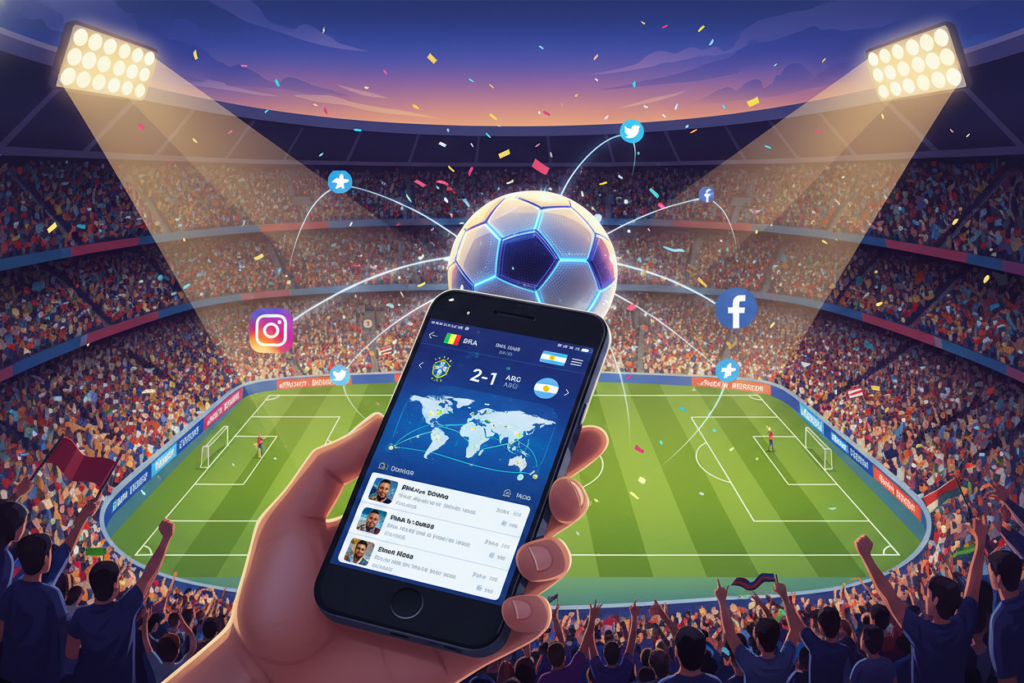 A vibrant illustration of a mobile app interface representing the official World Cup application. In the foreground, display the smartphone featuring a dynamic home screen showcasing live match statistics, team icons, and an interactive map for game locations. The middle ground should include a stylized soccer ball and digital elements like social media icons, emphasizing connectivity and sharing. The background features a colorful stadium filled with cheering fans, illuminated by bright stadium lights under a twilight sky. Capture a sense of excitement and anticipation, with warm ambient lighting bathing the scene. Use a slightly angled aerial perspective to create depth, highlighting the interplay between technology and sports enjoyment. A vibrant illustration of a mobile app interface representing the official World Cup application. In the foreground, display the smartphone featuring a dynamic home screen showcasing live match statistics, team icons, and an interactive map for game locations. The middle ground should include a stylized soccer ball and digital elements like social media icons, emphasizing connectivity and sharing. The background features a colorful stadium filled with cheering fans, illuminated by bright stadium lights under a twilight sky. Capture a sense of excitement and anticipation, with warm ambient lighting bathing the scene. Use a slightly angled aerial perspective to create depth, highlighting the interplay between technology and sports enjoyment.